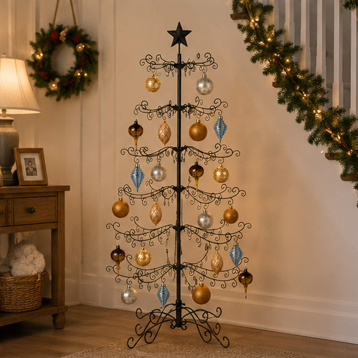 6Ft Wrought Iron Christmas Tree Ornament Display Stand with Folding Design