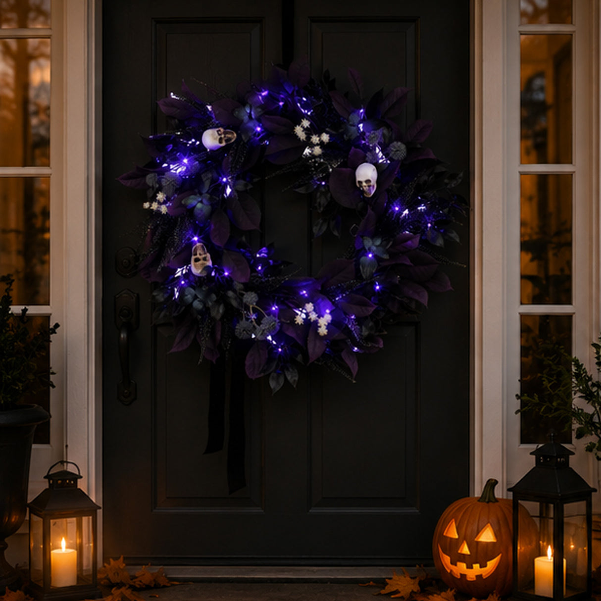 26IN Halloween Floral Mini Skull Wreath with Purple LED Lights