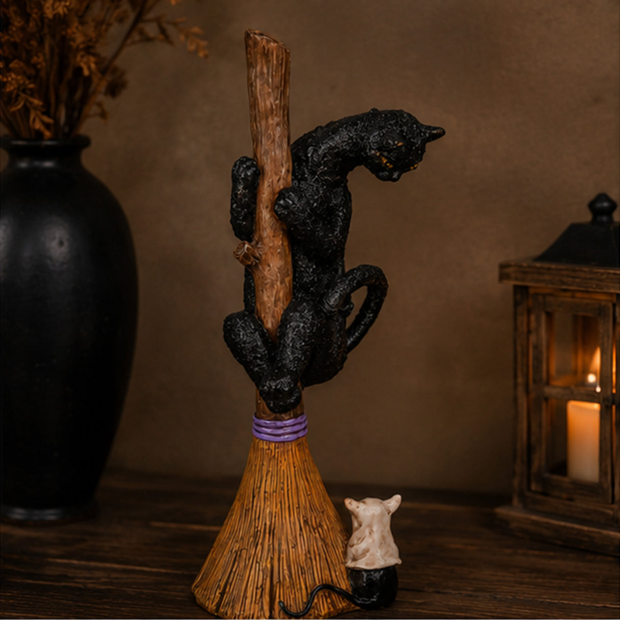13 in. Halloween Black Cat with a Broom Tabletop Decoration