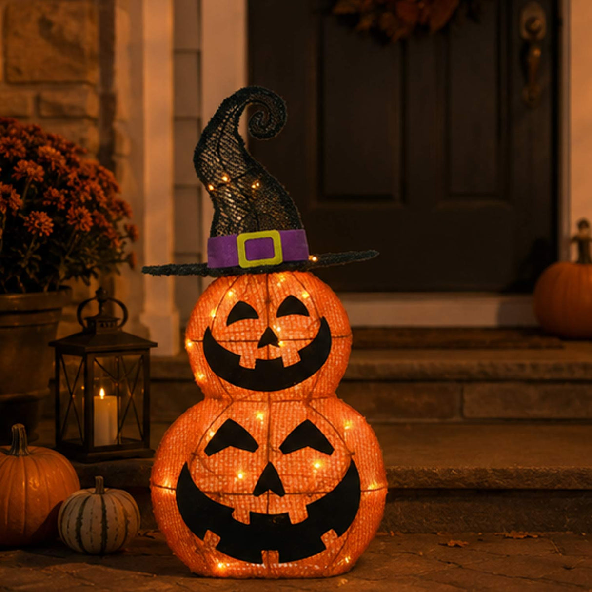 Halloween Pre-Lit Stacked Pumpkins in Witch's Hat Outdoor Decoration with LED Lights