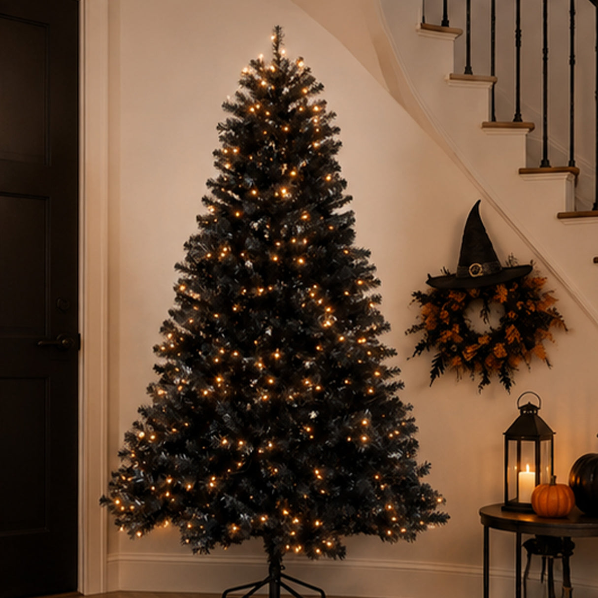 7 ft. Halloween Pre-Lit North Valley Spruce Full Black Tree with White Lights, Plug-In