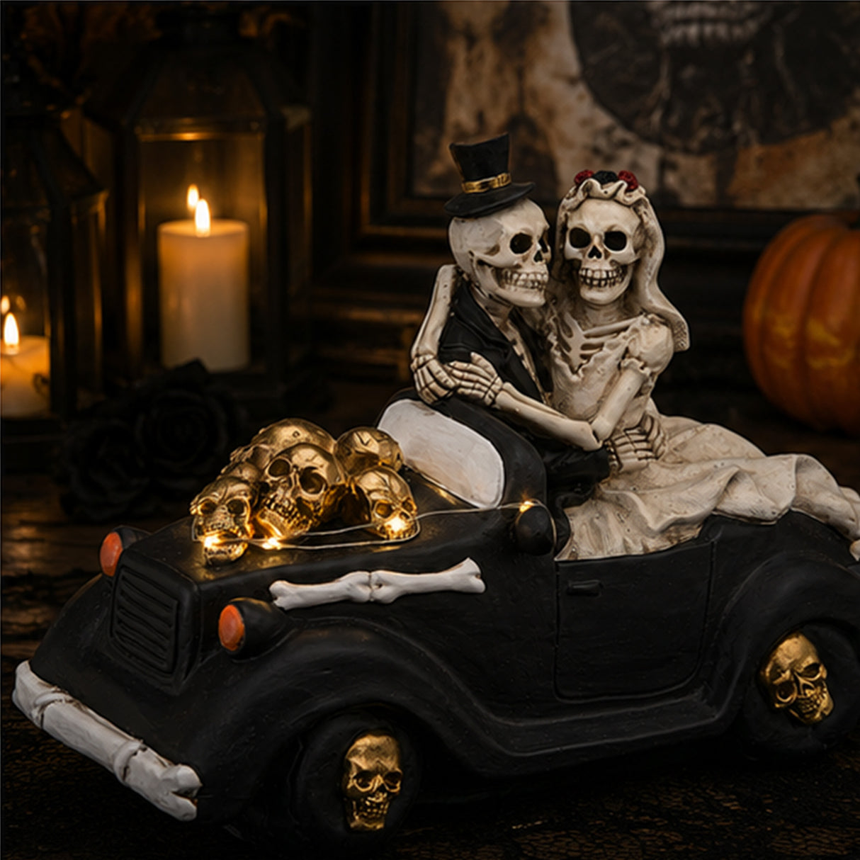 8 in. Halloween Skeleton Bride and Groom in Black Car with LED Lights