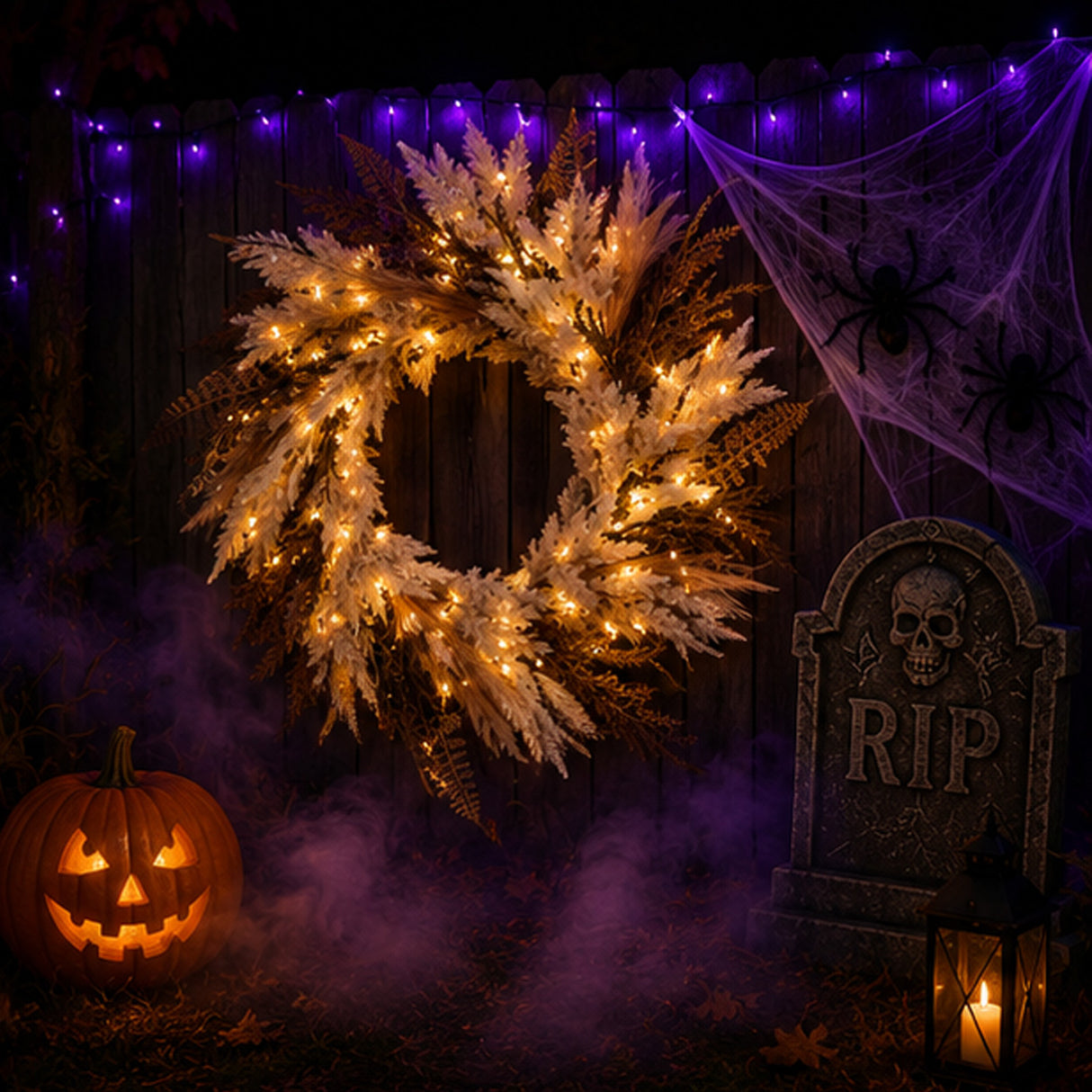 26 in Pre Lit Orange Black Pampas Halloween Wreath LED Decor