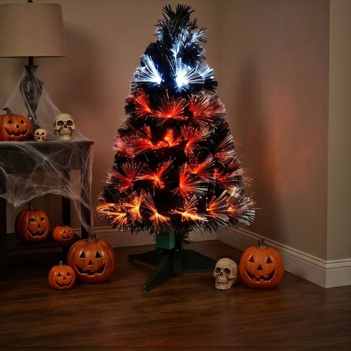 3 ft Black Fiber Optic Halloween Tree Candy Corn LED Plug In