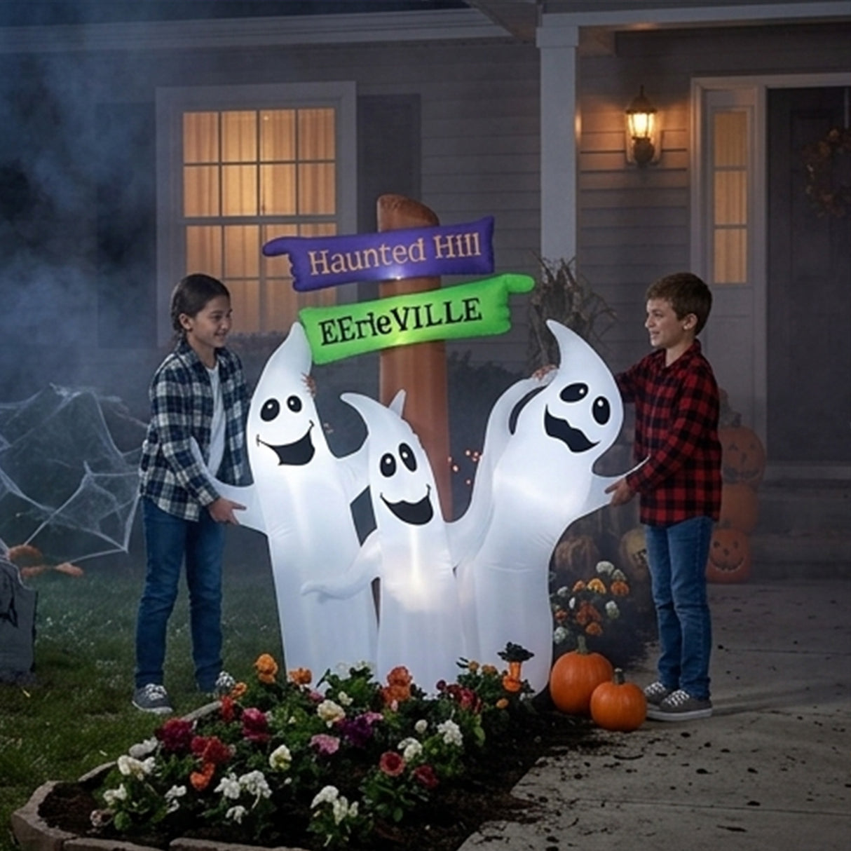 6 ft Halloween Ghost Trio Signpost Inflatable LED Yard Decoration Plug In