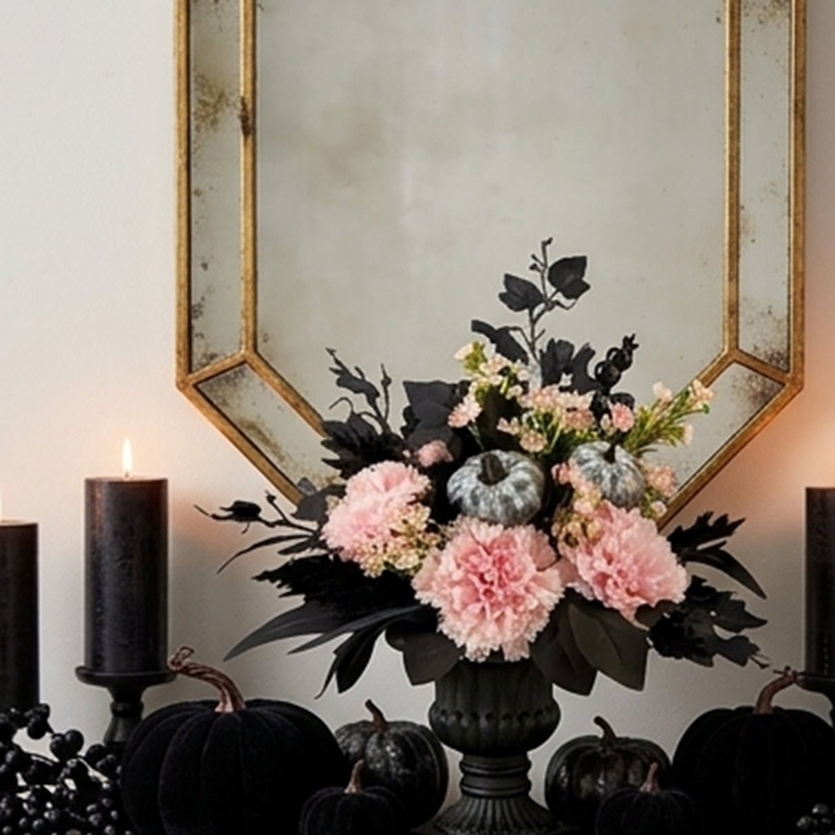 17IN Pink Carnation Halloween Centerpiece with Black Urn