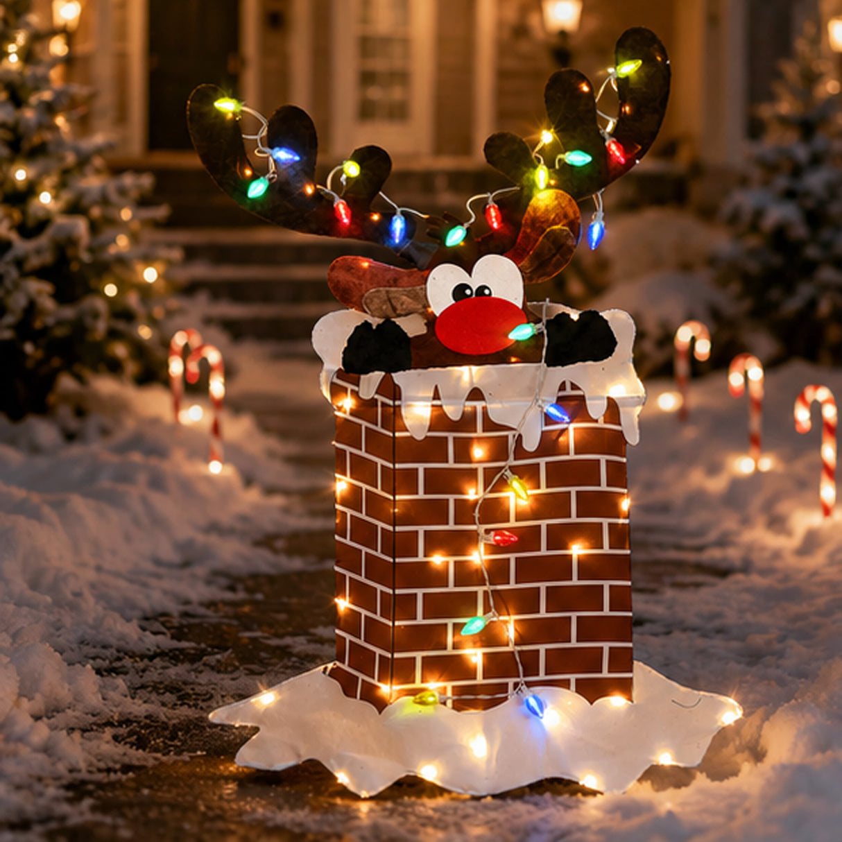 47IN Pre-Lit Reindeer in Chimney Christmas Decoration with Multicolor LED Lights