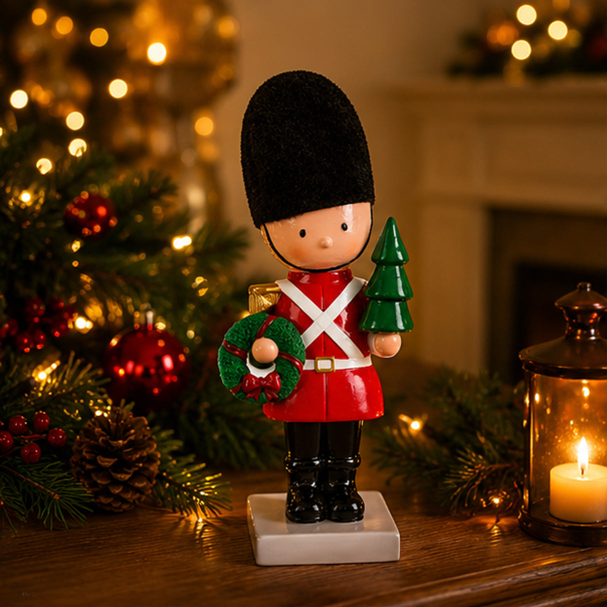 11IN Christmas Soldier Figurine with Wreath and Tree Holiday Tabletop Decor