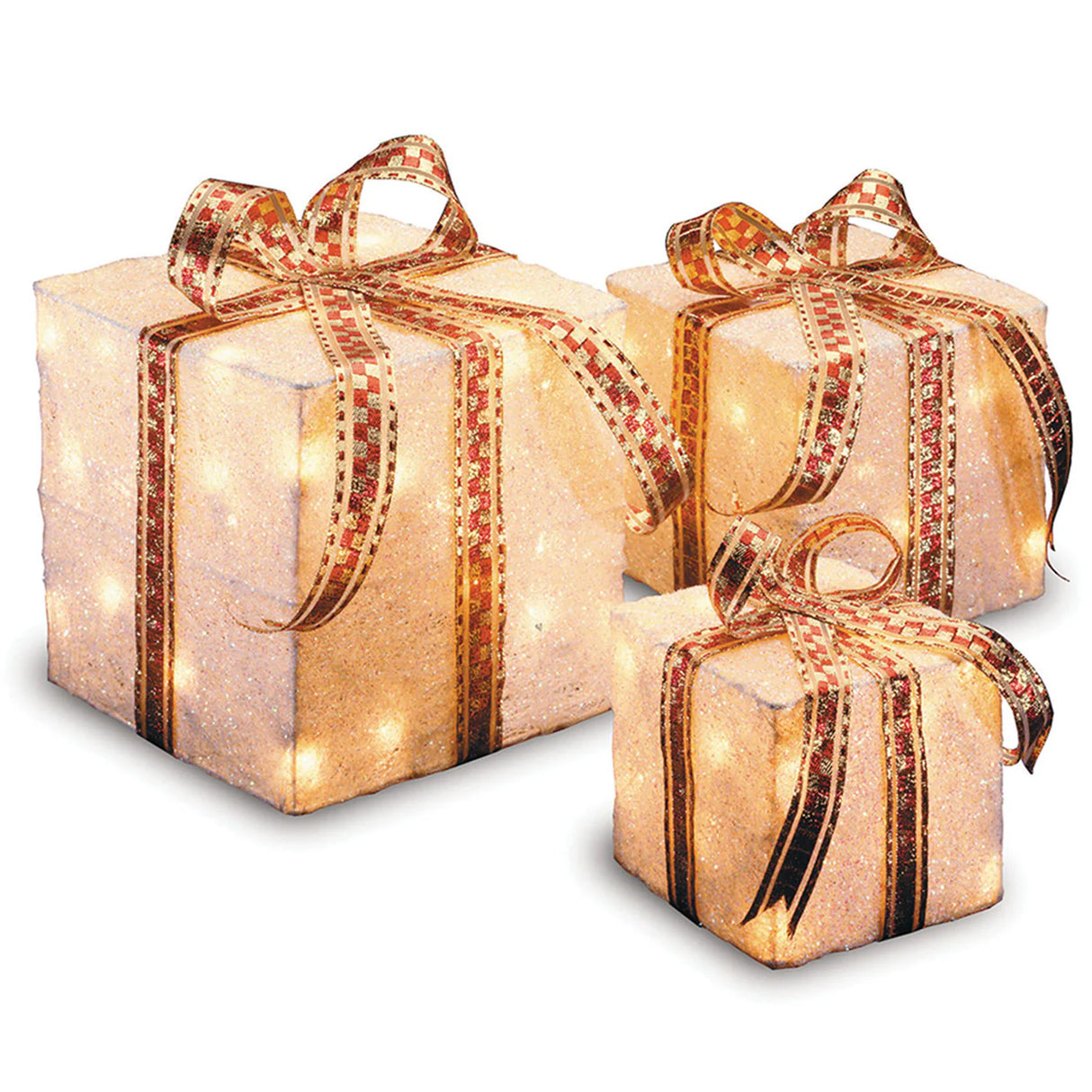 Pre-Lit White and Gold Christmas Gift Boxes Set of 3 with Clear Lights Plug-In