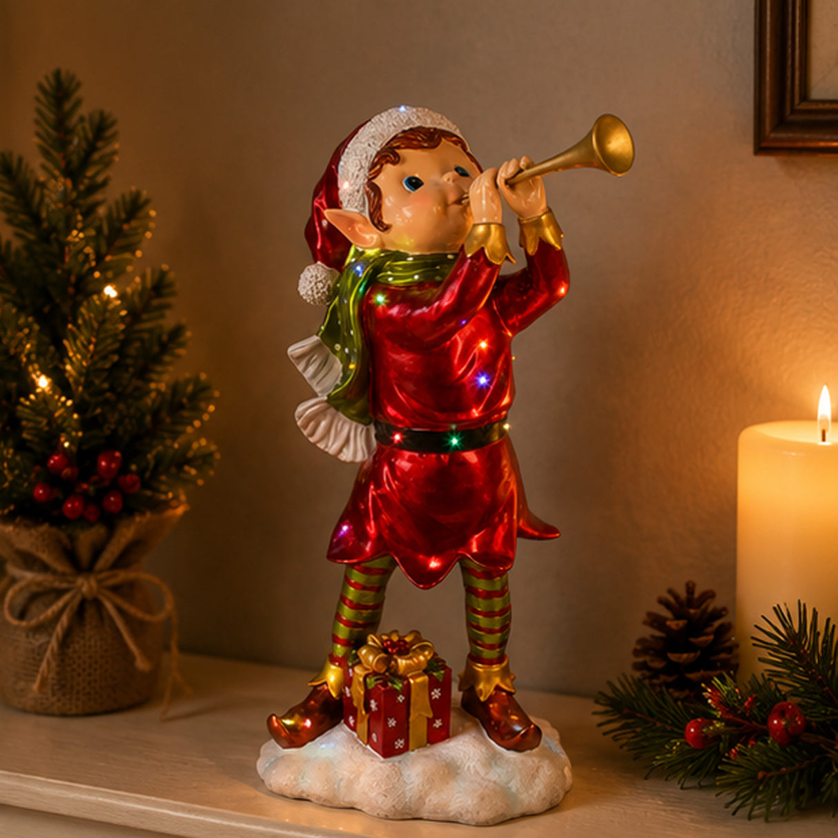 37IN Horn Blowing Pixie Elf Christmas Decoration with Multicolor LED Lights Plug-In