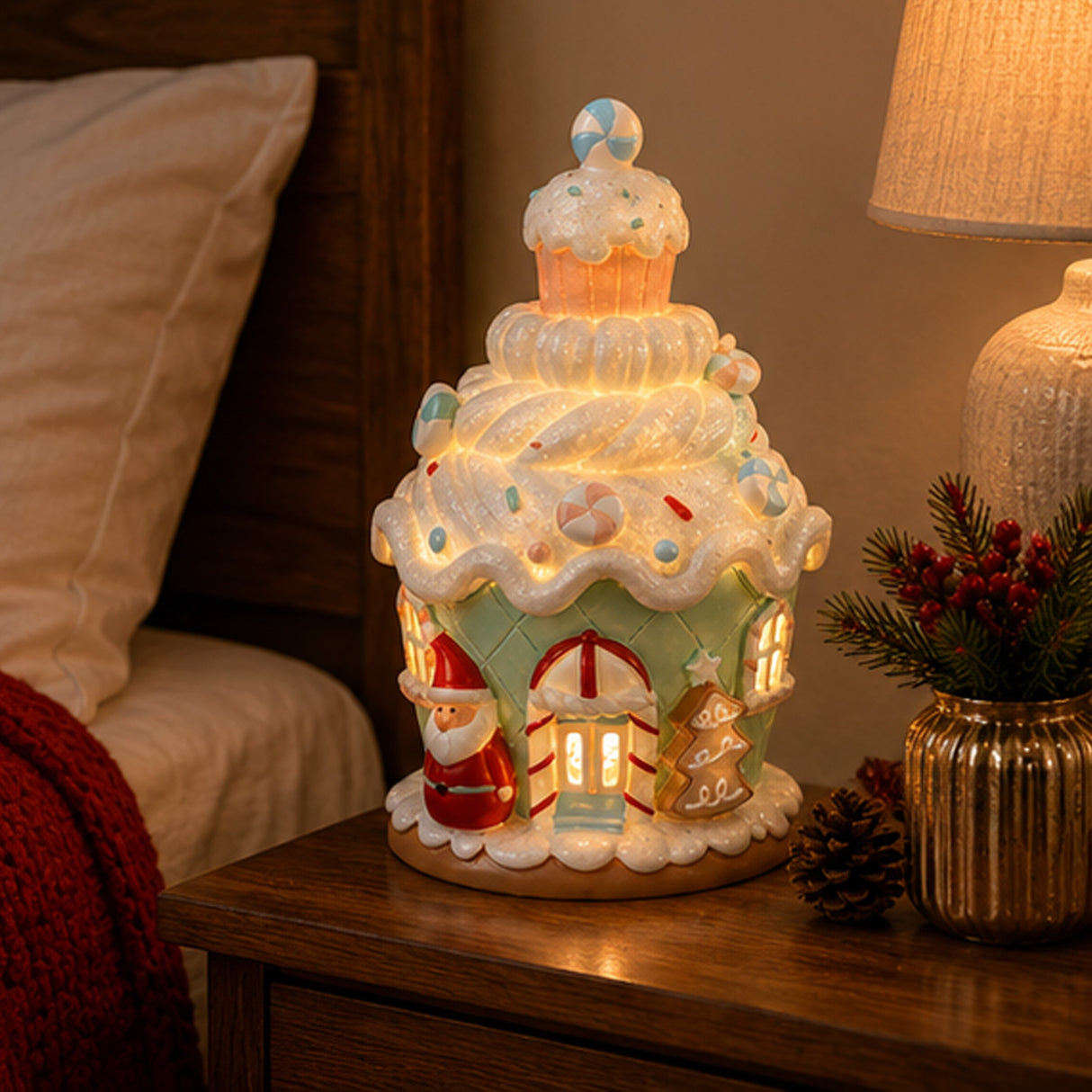 8IN Santa Cake House Figurine with Warm Yellow LED Lights Indoor Christmas Decor