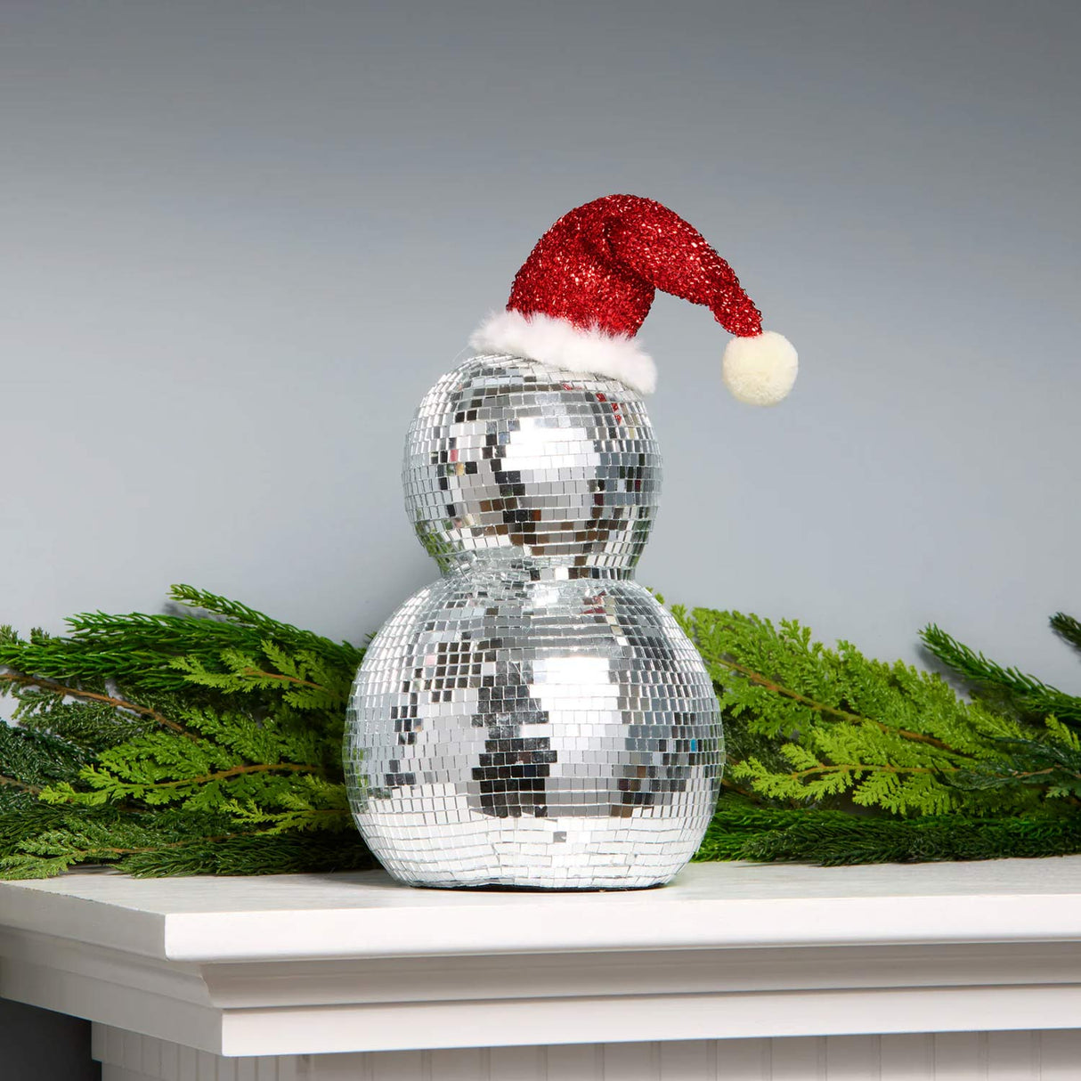 12IN Disco Snowman Figurine with Santa Hat Mirror Ball Christmas Tabletop Decor