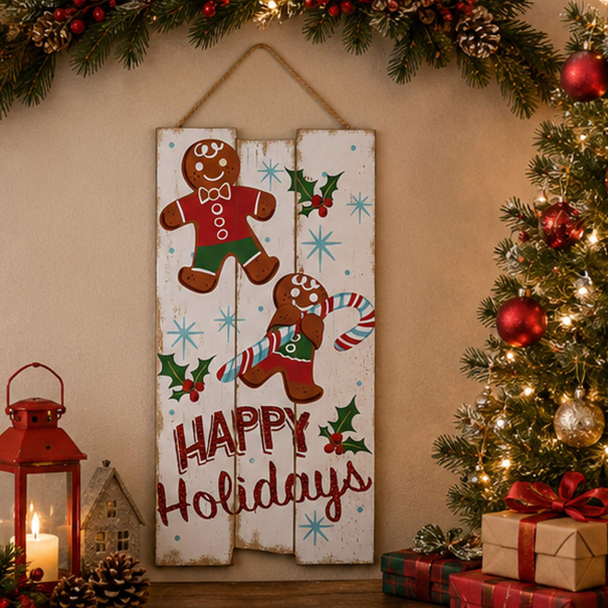 18IN Happy Holidays Gingerbread Wooden Wall Sign Picket Fence Christmas Wall Decor