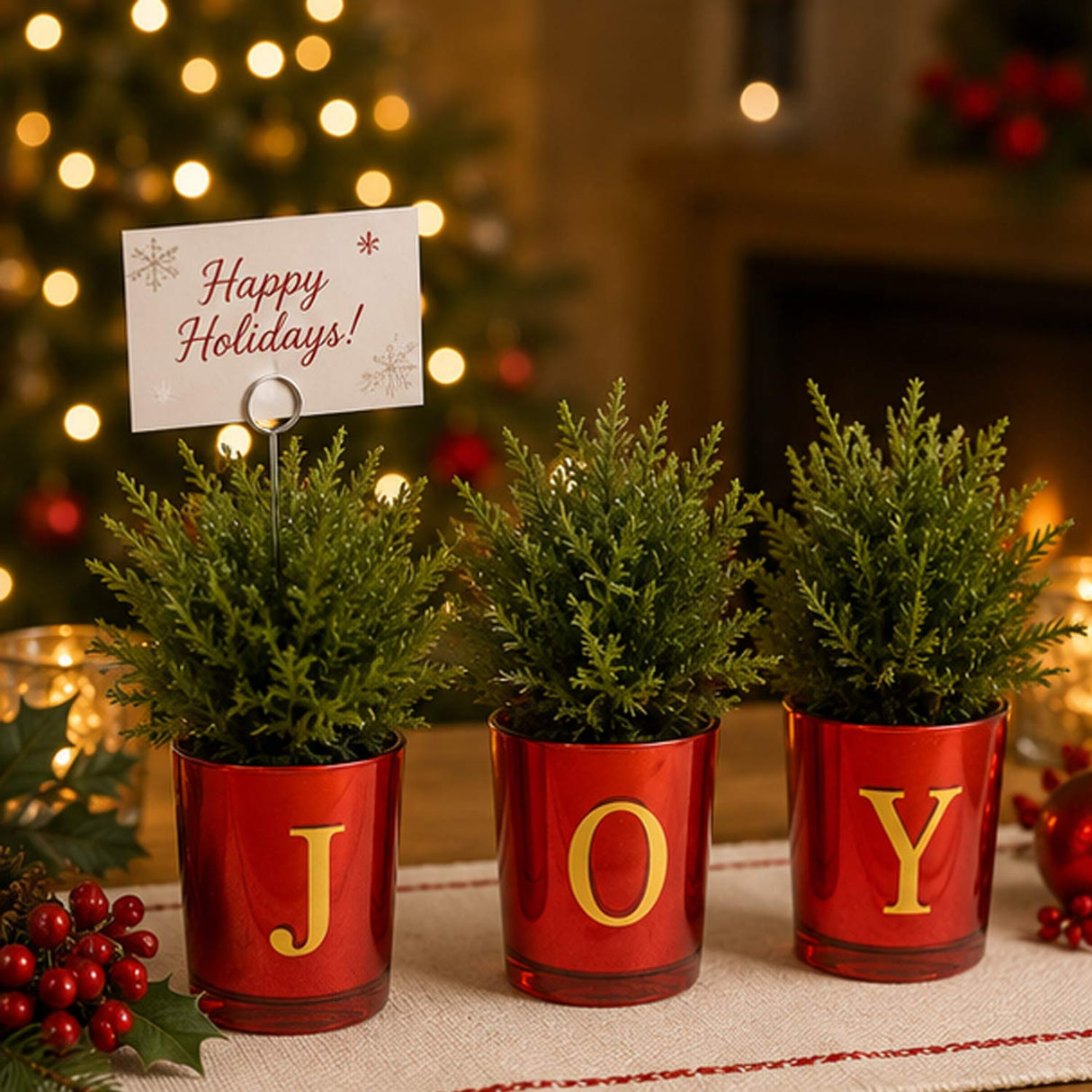 8IN Christmas JOY Tabletop Card Holder Votive Set of 3