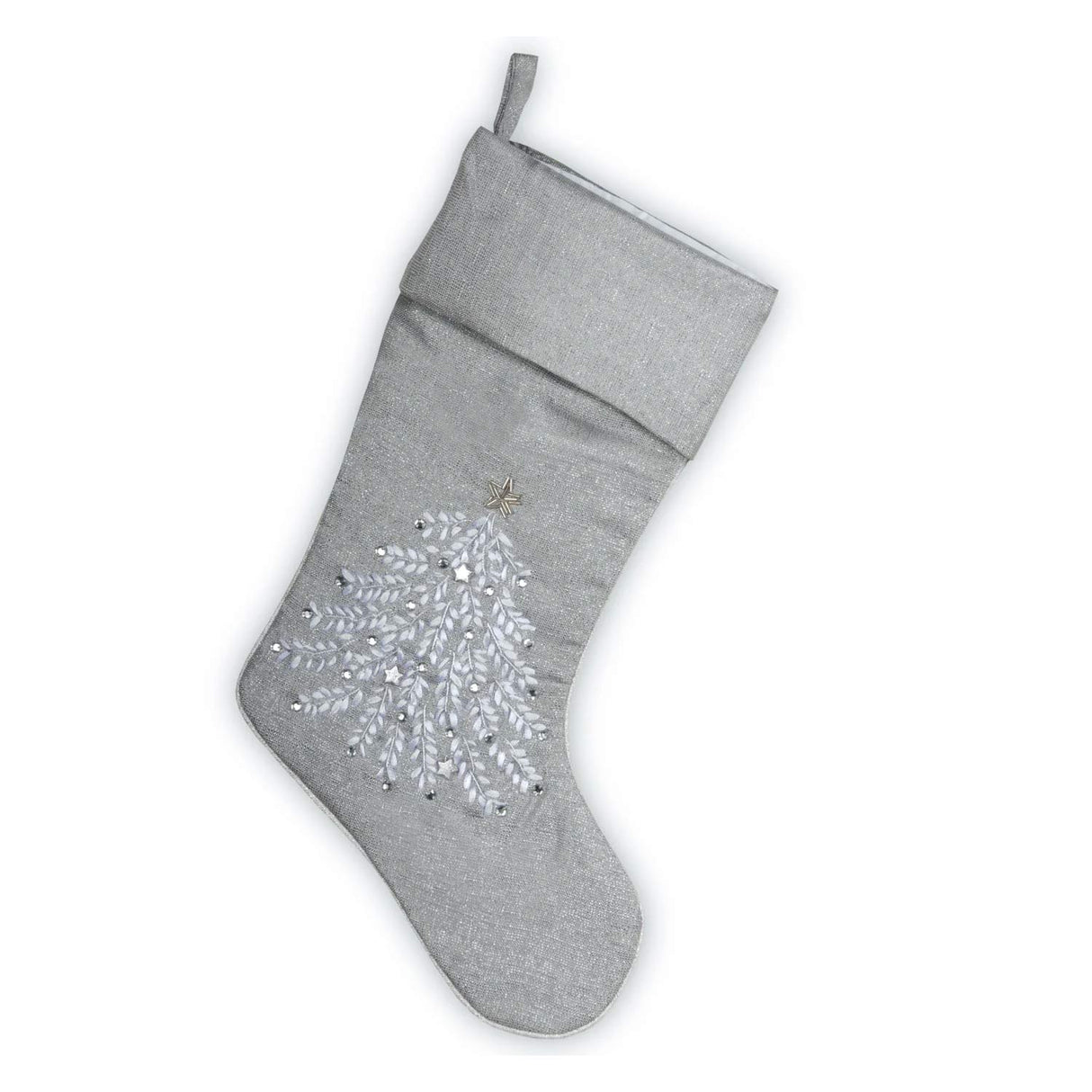19IN Silver Christmas Stocking with Tree Embroidery Design