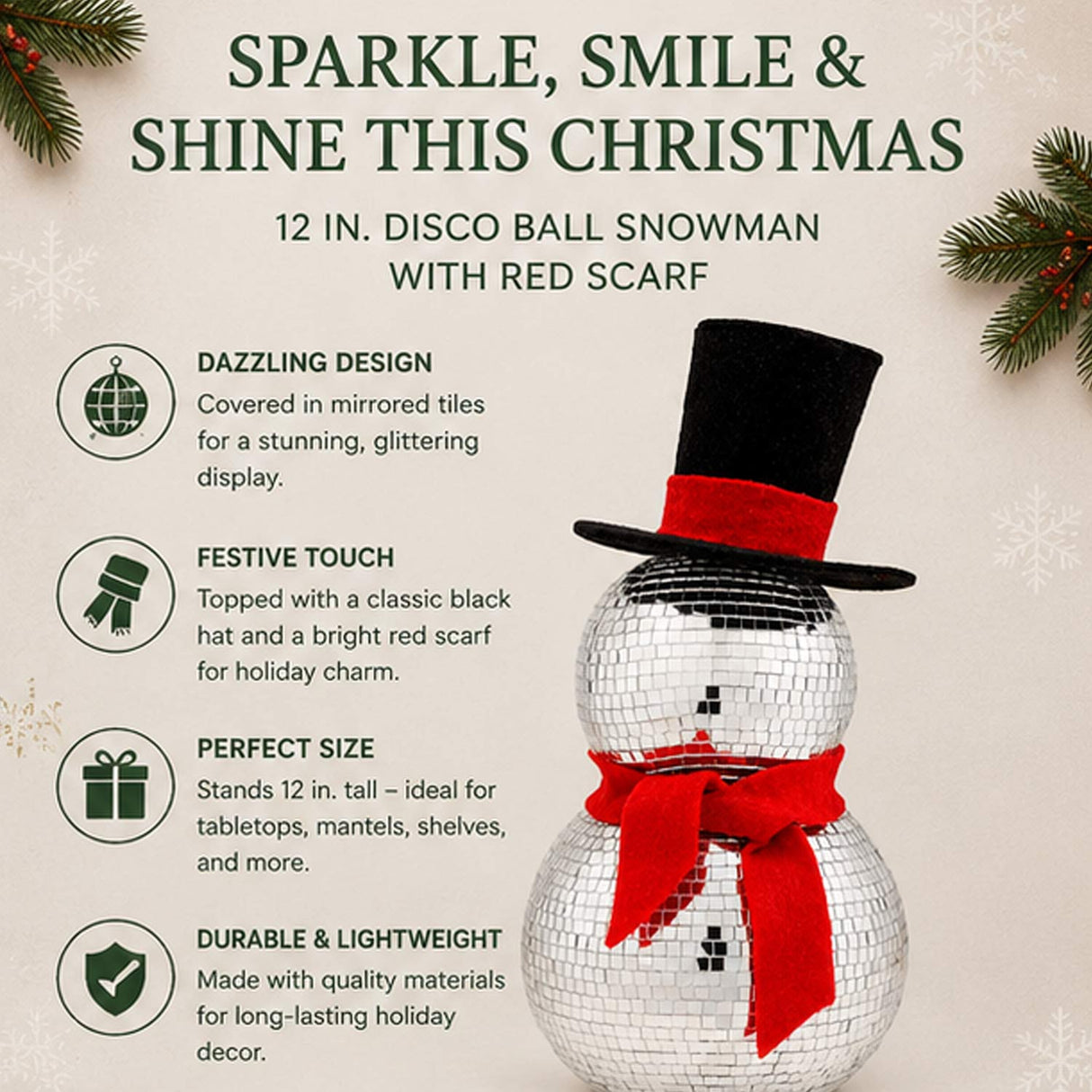 12IN Disco Snowman Figurine with Red Scarf & Black Top Hat Mirror Ball Christmas Decor
