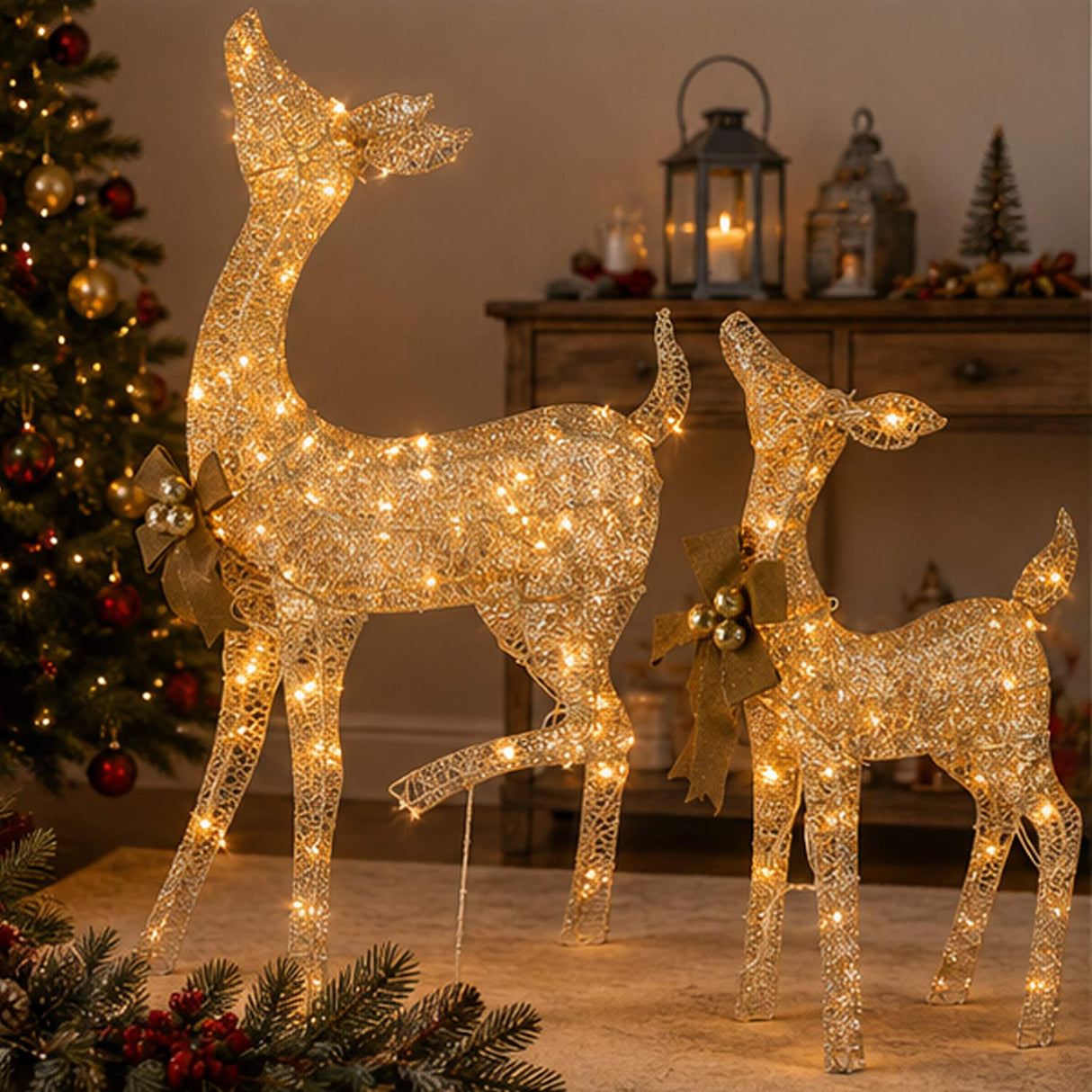 38IN & 28IN Pre-Lit Fawn and Doe Deer Decoration Set