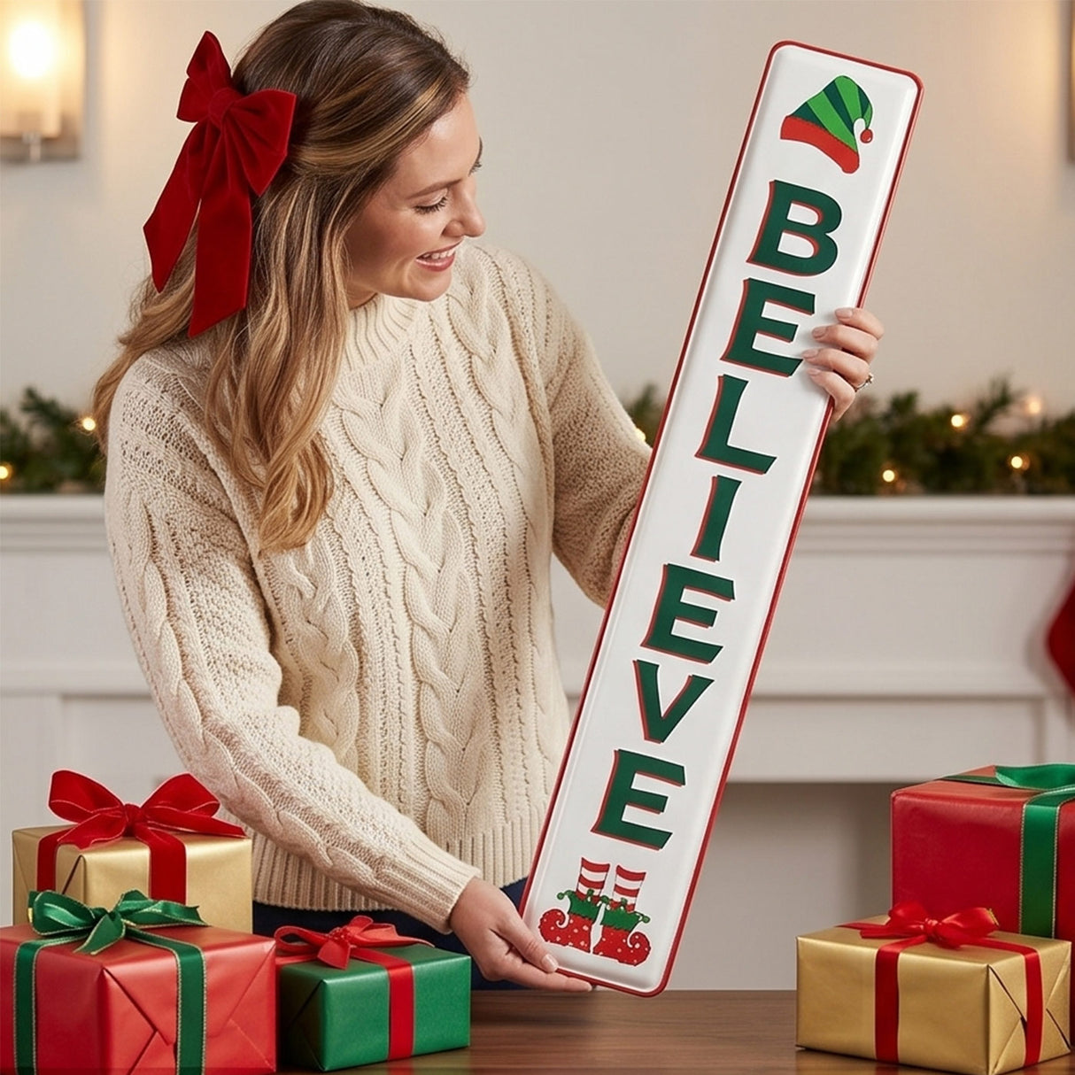 47IN Believe Metal Vertical Holiday Wall Sign Elf Theme