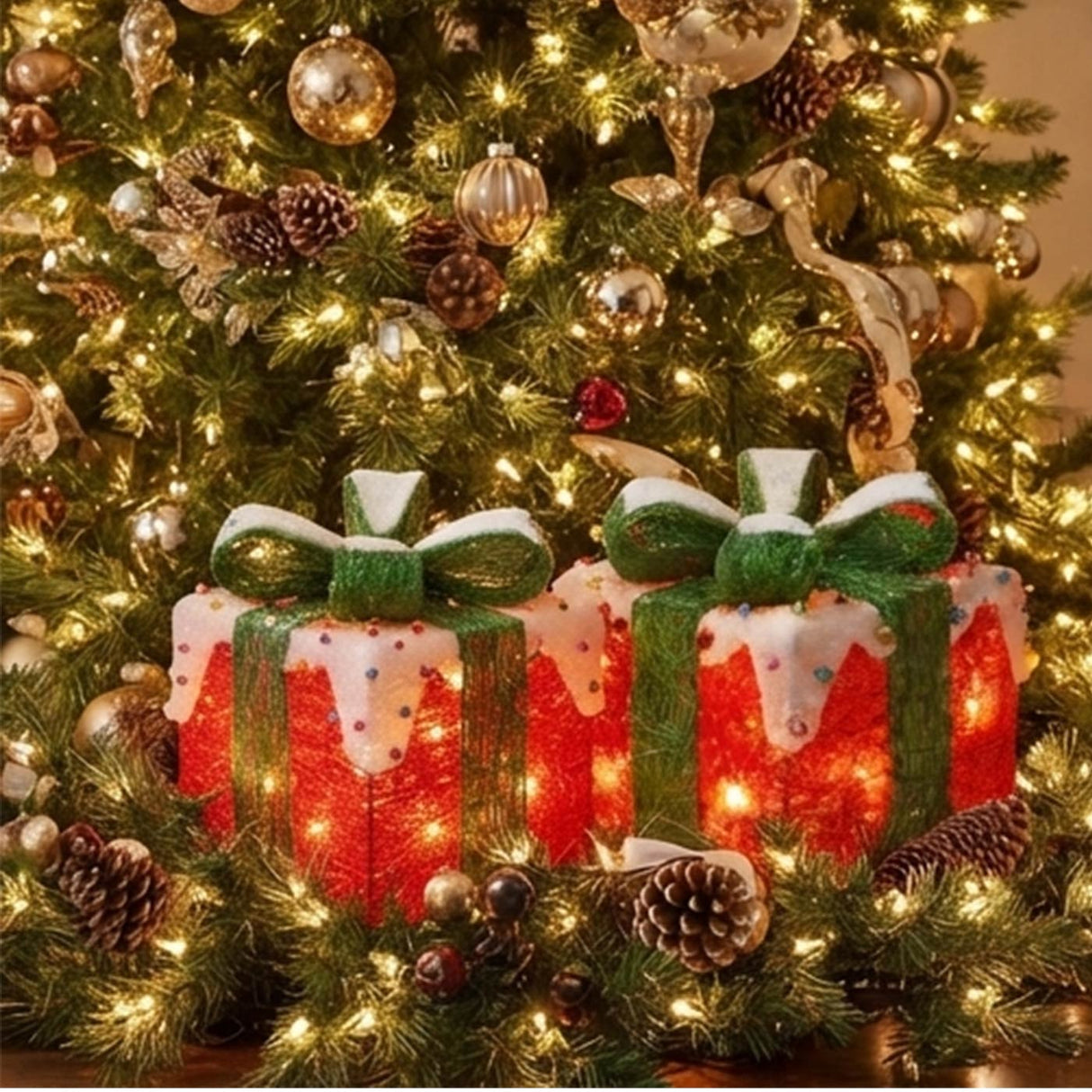 Pre-Lit Red and White Christmas Gift Boxes Set of 3 with White Lights