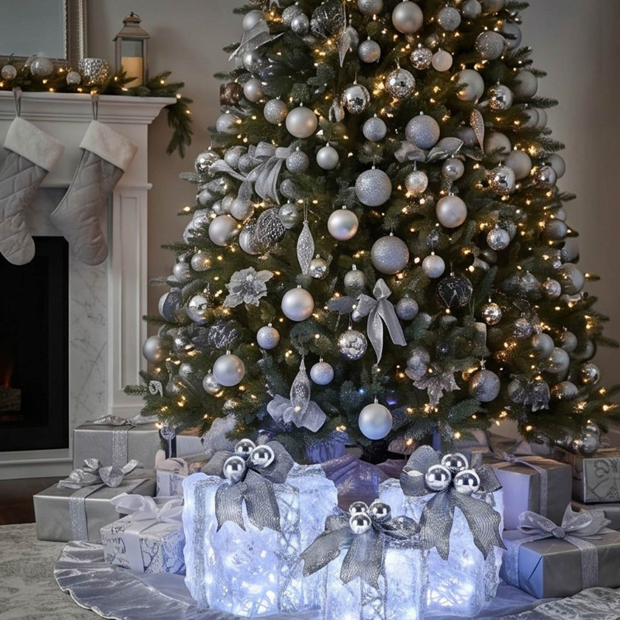Pre Lit White Gift Box Set with Silver Bow LED Decoration