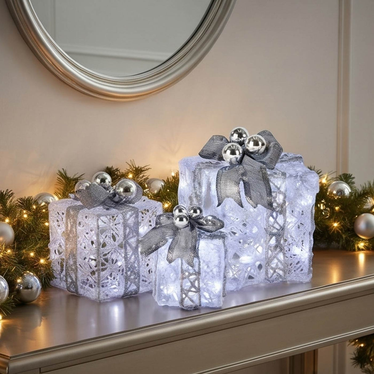 Pre Lit White Gift Box Set with Silver Bow LED Decoration