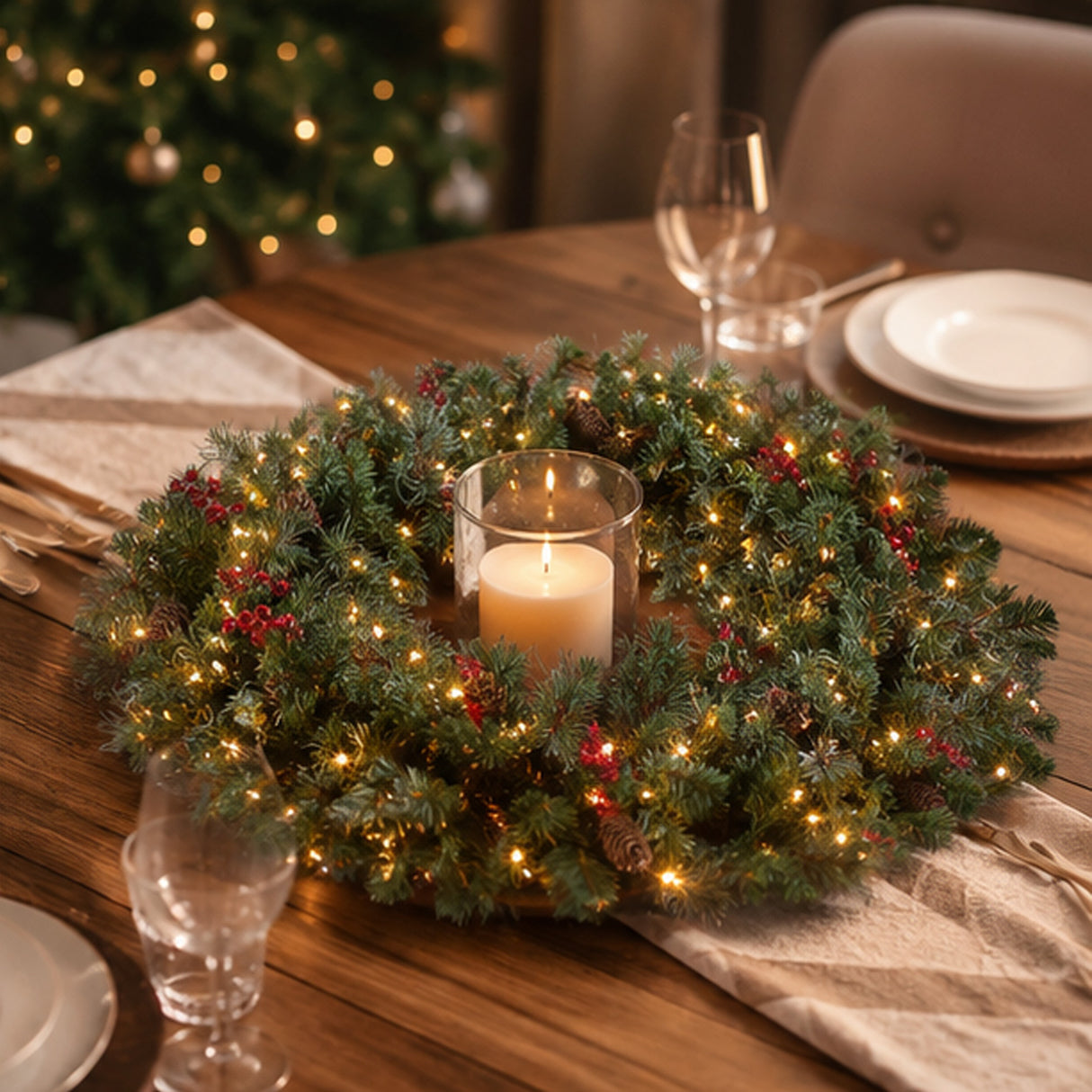 Pre-Lit 36 in. Crestwood Spruce Christmas Wreath with 200 Clear Lights, Plug-In Holiday Door Decoration