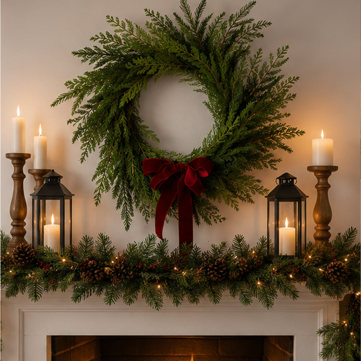 24IN Christmas Cottage Wreath with Dark Red Bow