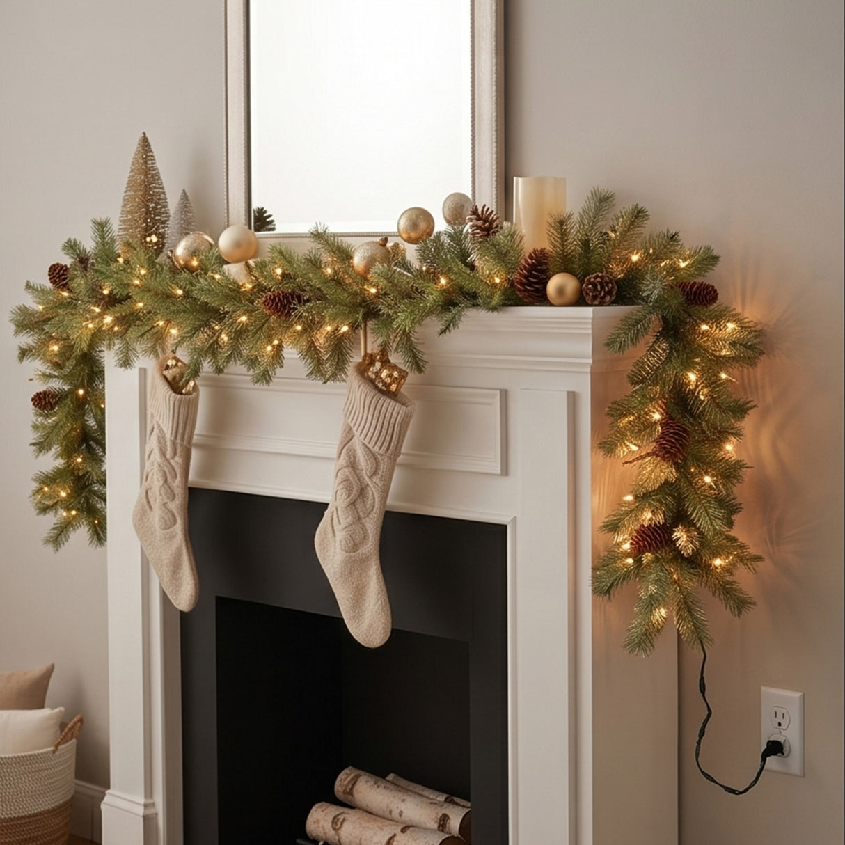 9FT Pre-Lit Glittery Gold Pine Garland with Clear Lights