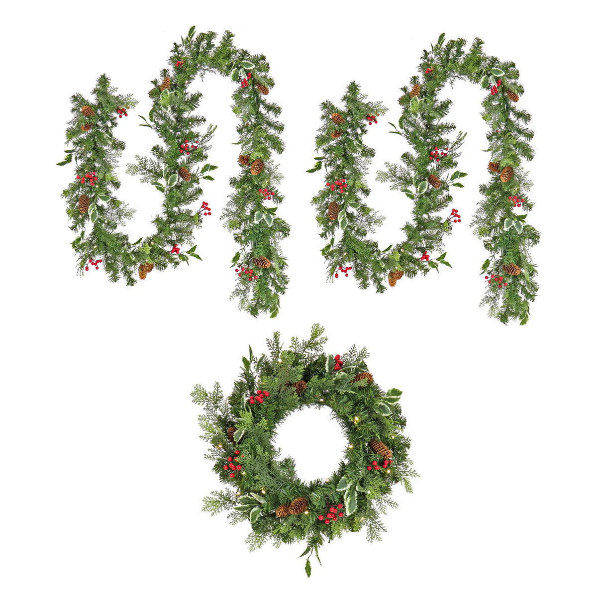 9FT Pre-Lit Holly Berry Garland & Wreath Set with LED Lights (3 Piece)