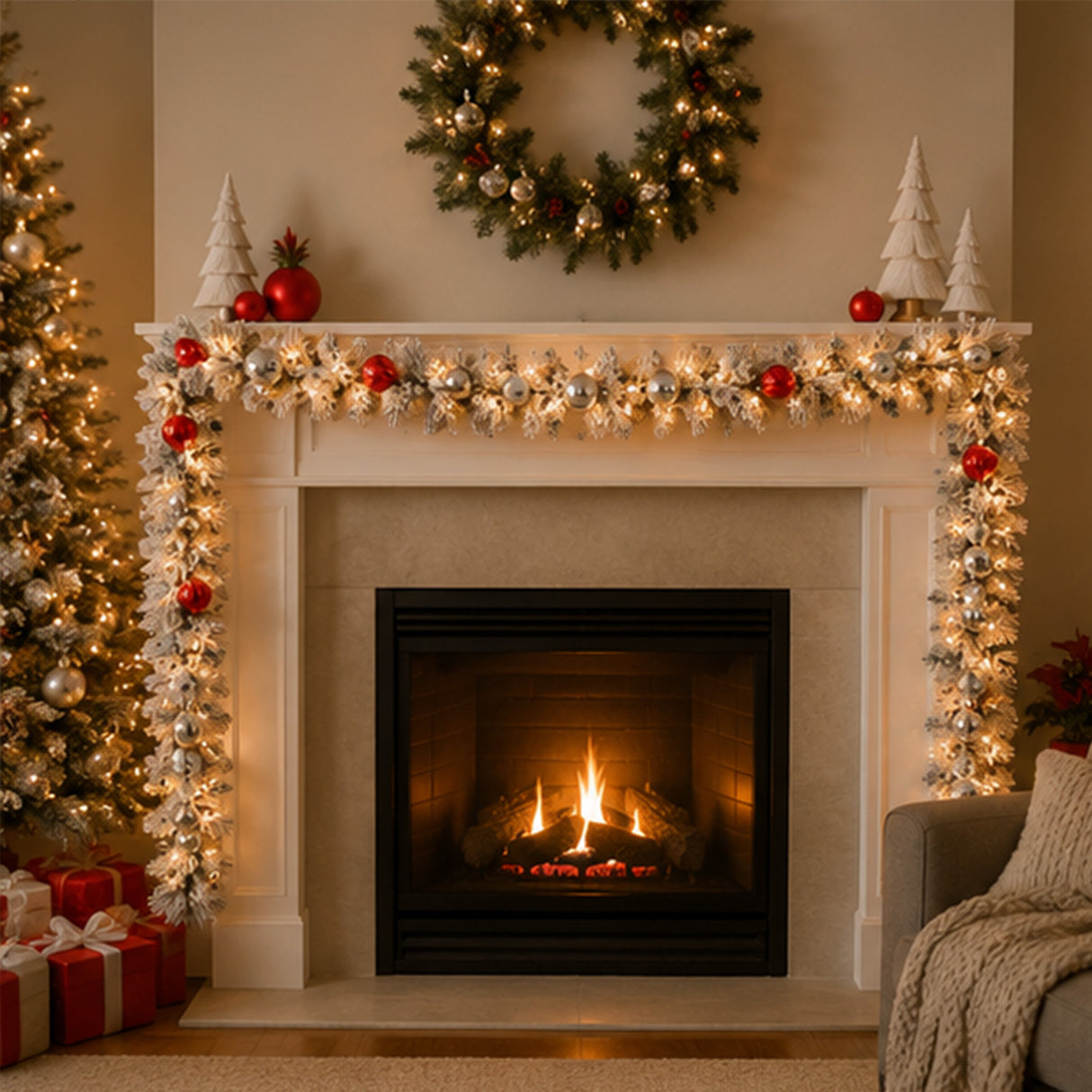 Pre-Lit Snowy Bristle Pine Garland with Clear Lights and Ornaments, 9 Foot (Plug-In)