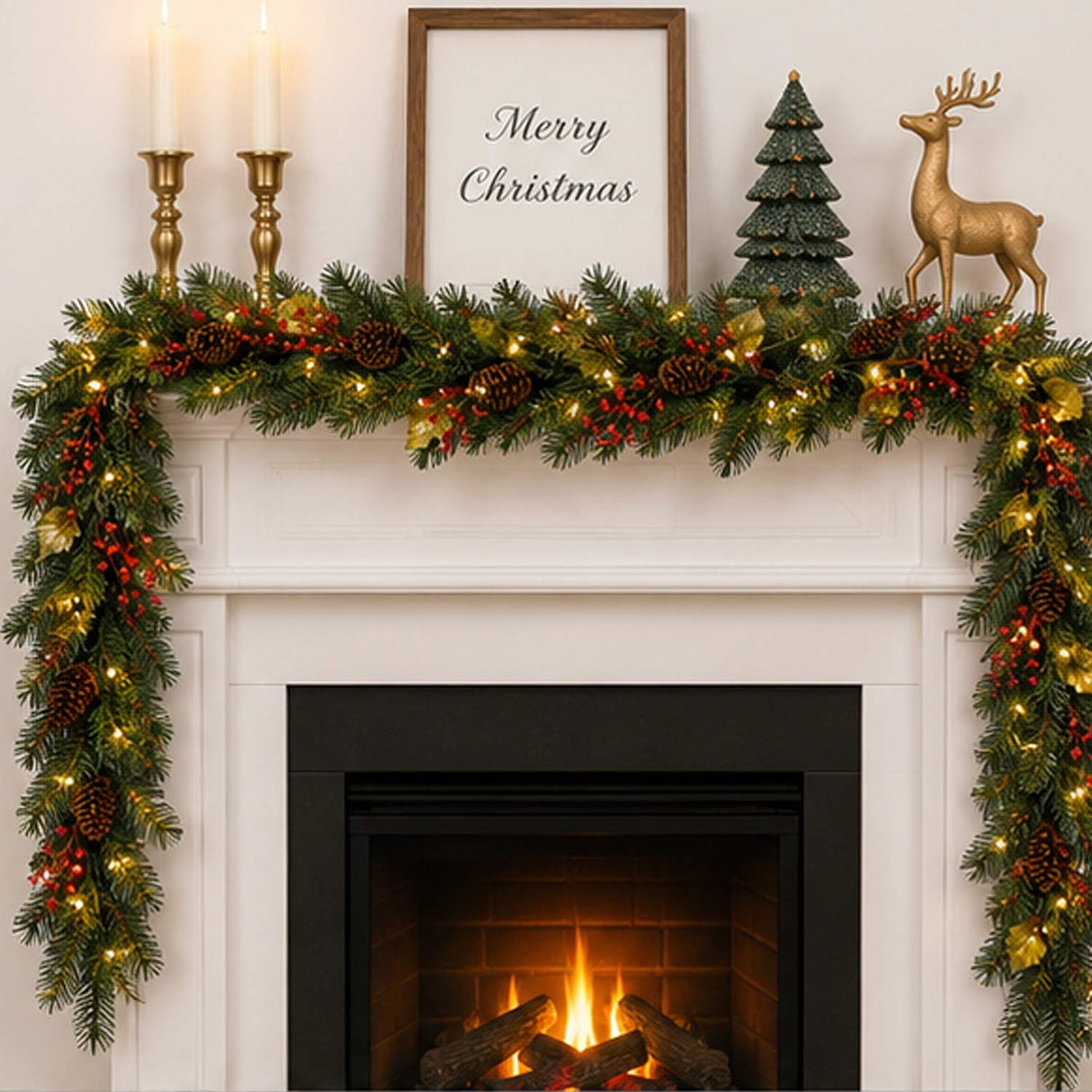 Pre-Lit Classical Collection Garland with Clear Lights and Holly Leaves, 9 Foot