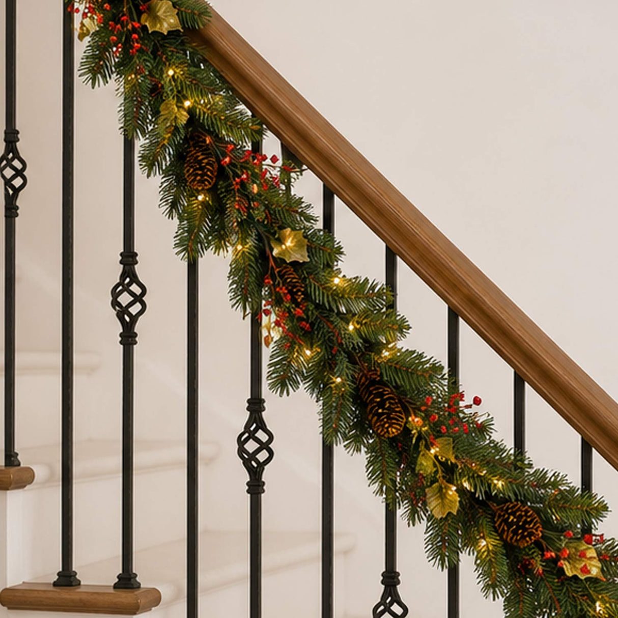 Pre-Lit Classical Collection Garland with Clear Lights and Holly Leaves, 9 Foot