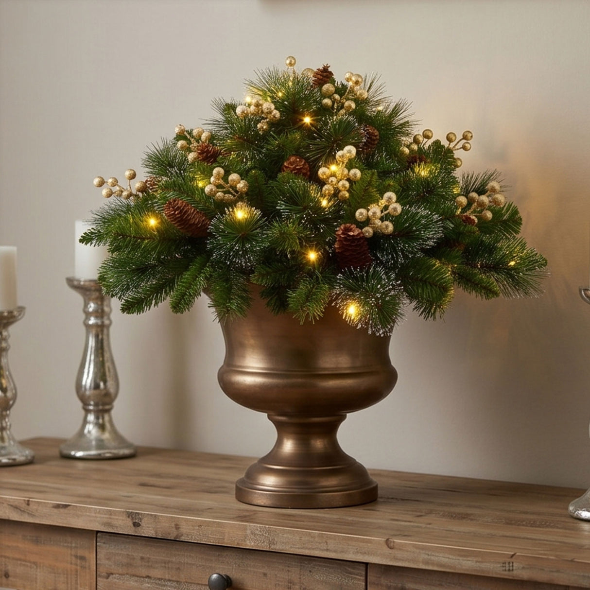 Crestwood Gold Spruce Urn Filler with Warm White LED Lights, 18 Inch