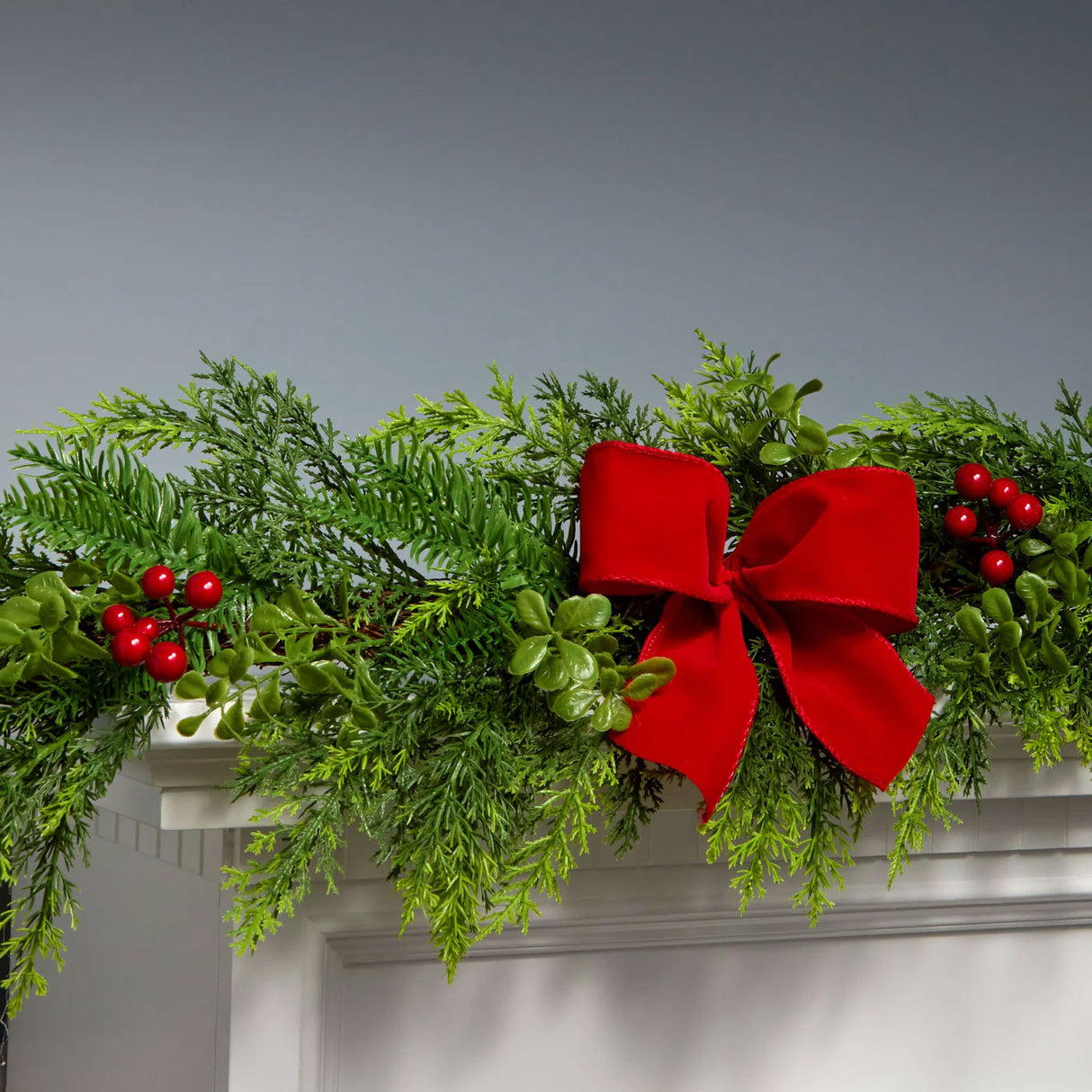 Christmas Classic Garland with Red Berries & Bow, 6 Foot