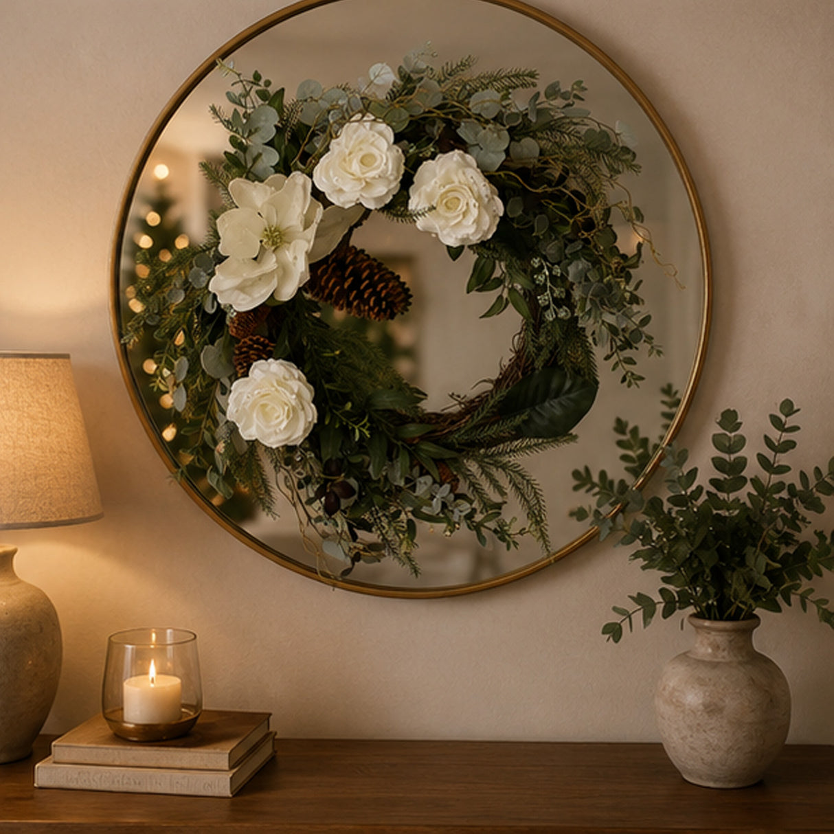 26in Mixed Greens Christmas Wreath with White Flowers & Pinecones
