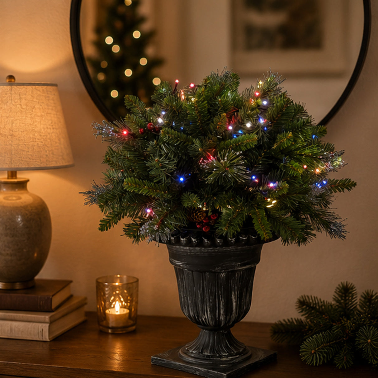 Pre-Lit Crestwood Spruce Porch Bush with Smart Twinkly LED Lights, Plug-In