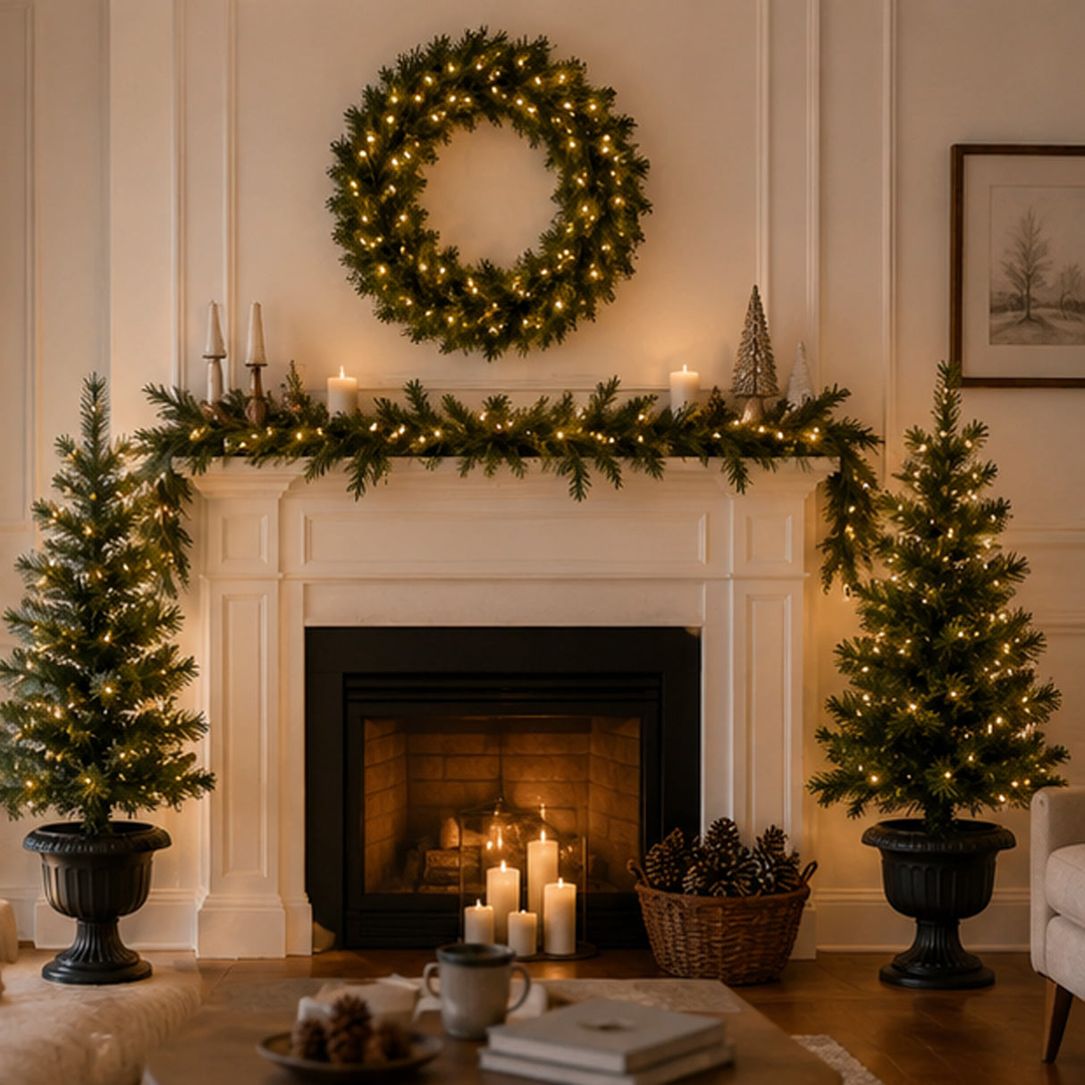 Pre-Lit Warm Welcome 3-Piece Christmas Entry Set with Trees & Wreath