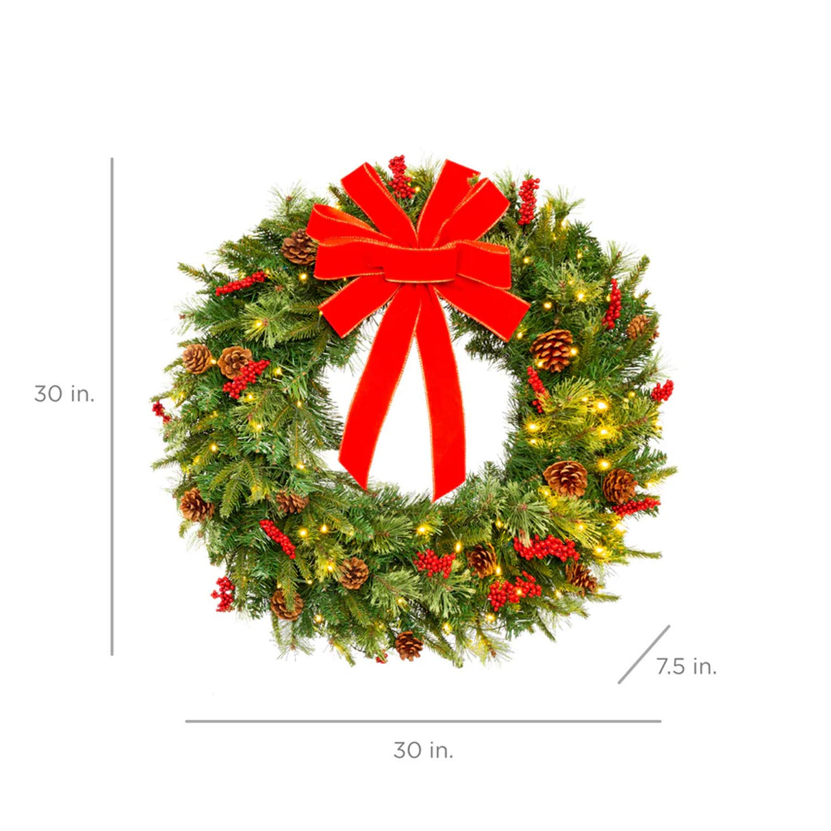 Pre Lit Battery Powered Christmas Wreath with Ribbon PVC Tips Holiday Decor