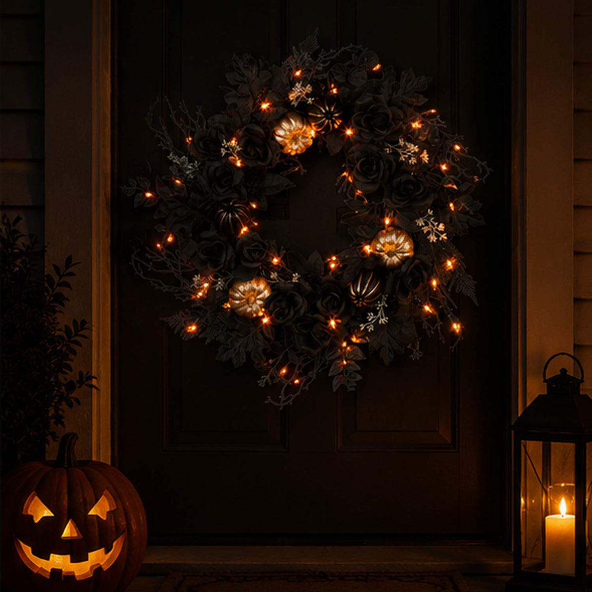 Halloween Chic Eek Black and Gold Wreath with LED Lights