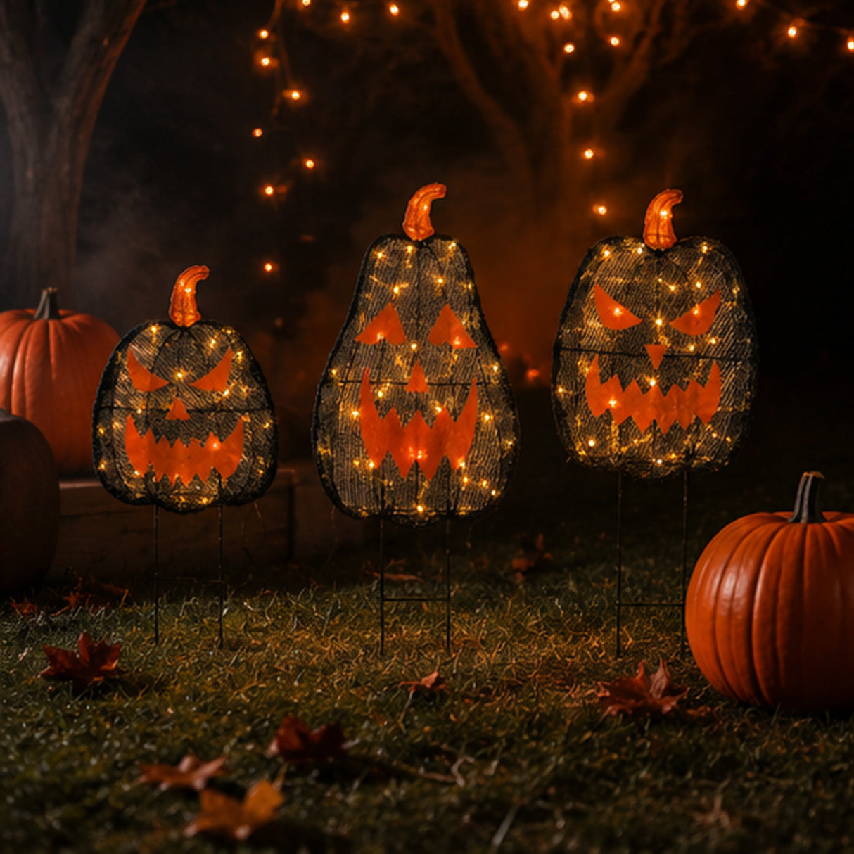 35 in. 3-Piece Halloween Pre-Lit Menacing Jack-O’-Lantern Trio with LED Lights Plug-In