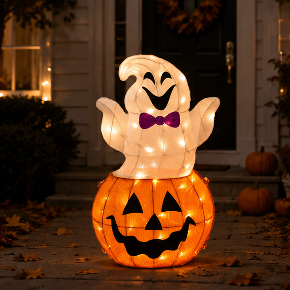 Halloween Pre-Lit Pumpkin and Ghost Lawn Decoration with LED Lights