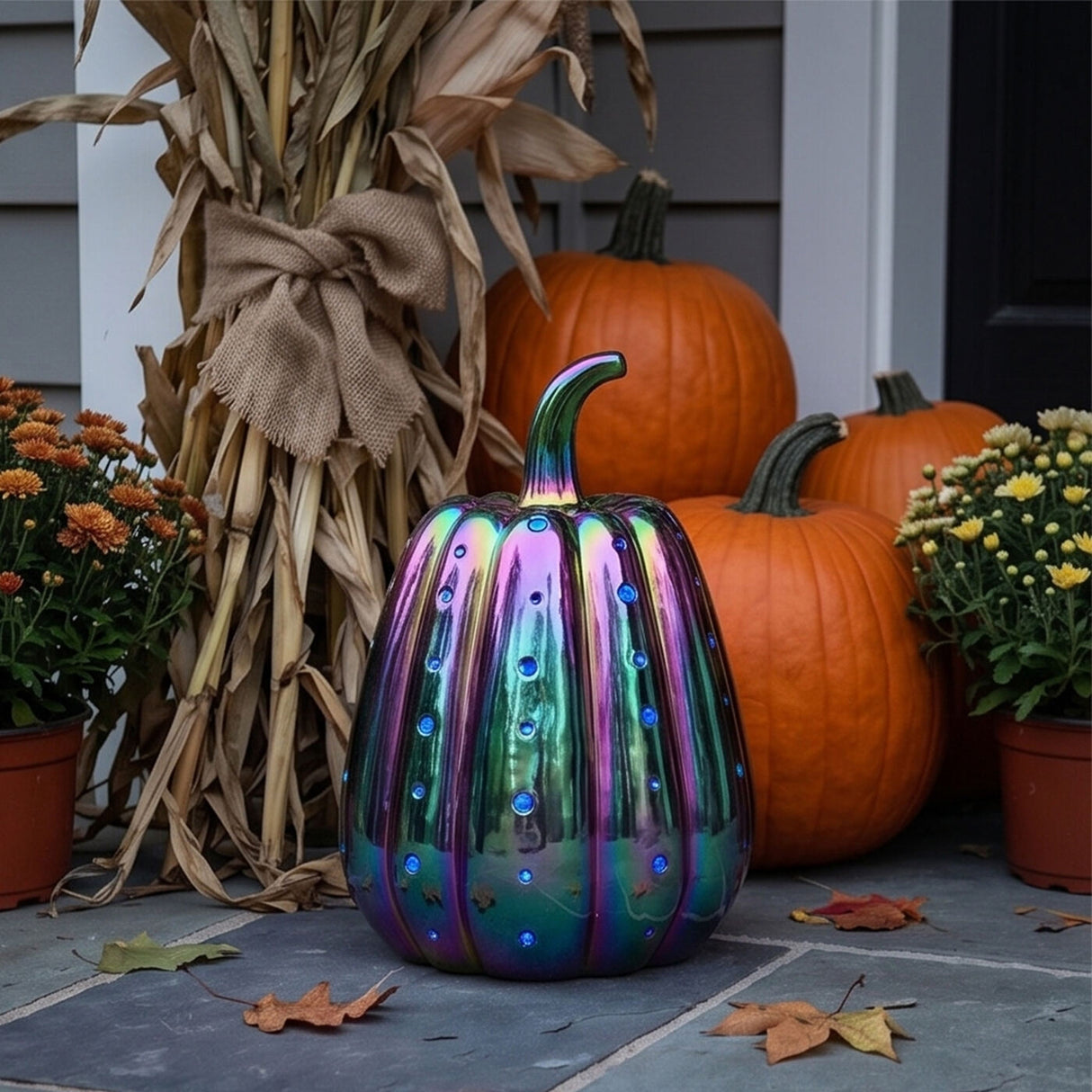 14 in Iridescent Purple Ceramic Pumpkin with Multi Color LED Lights