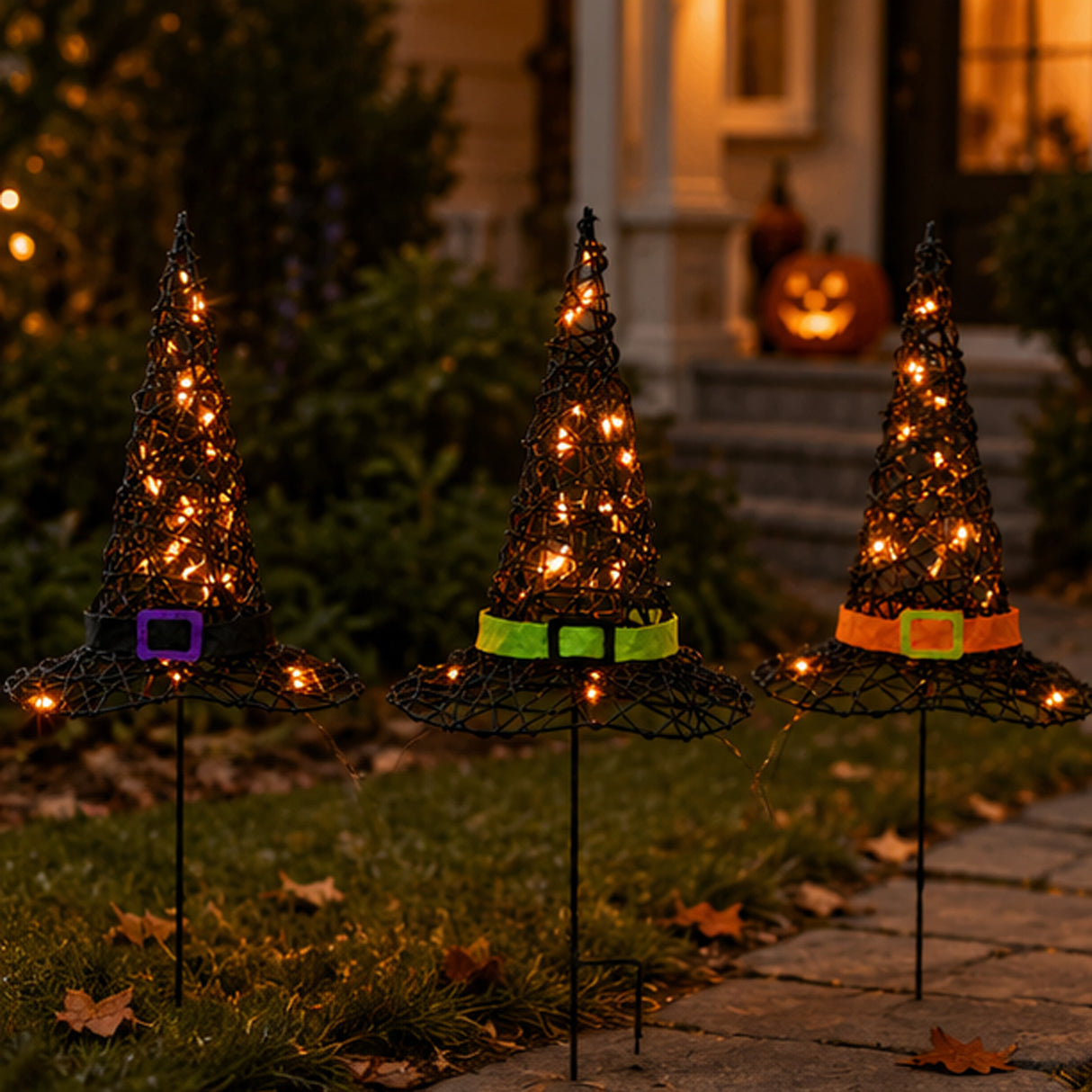 23IN Pre-Lit Black Witch Hat Garden Stakes Halloween Decor