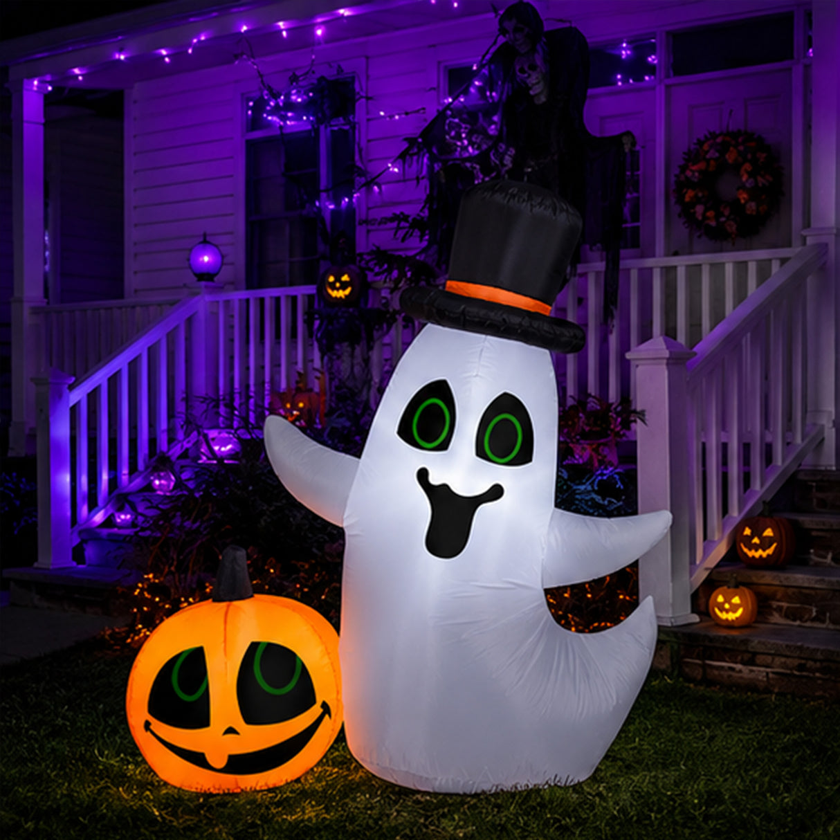 4FT Inflatable Smiling Ghost with Pumpkin Halloween Decor