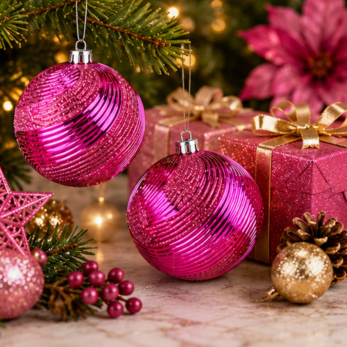 4-Piece Shatterproof Swirling Pink Glitter Christmas Balls