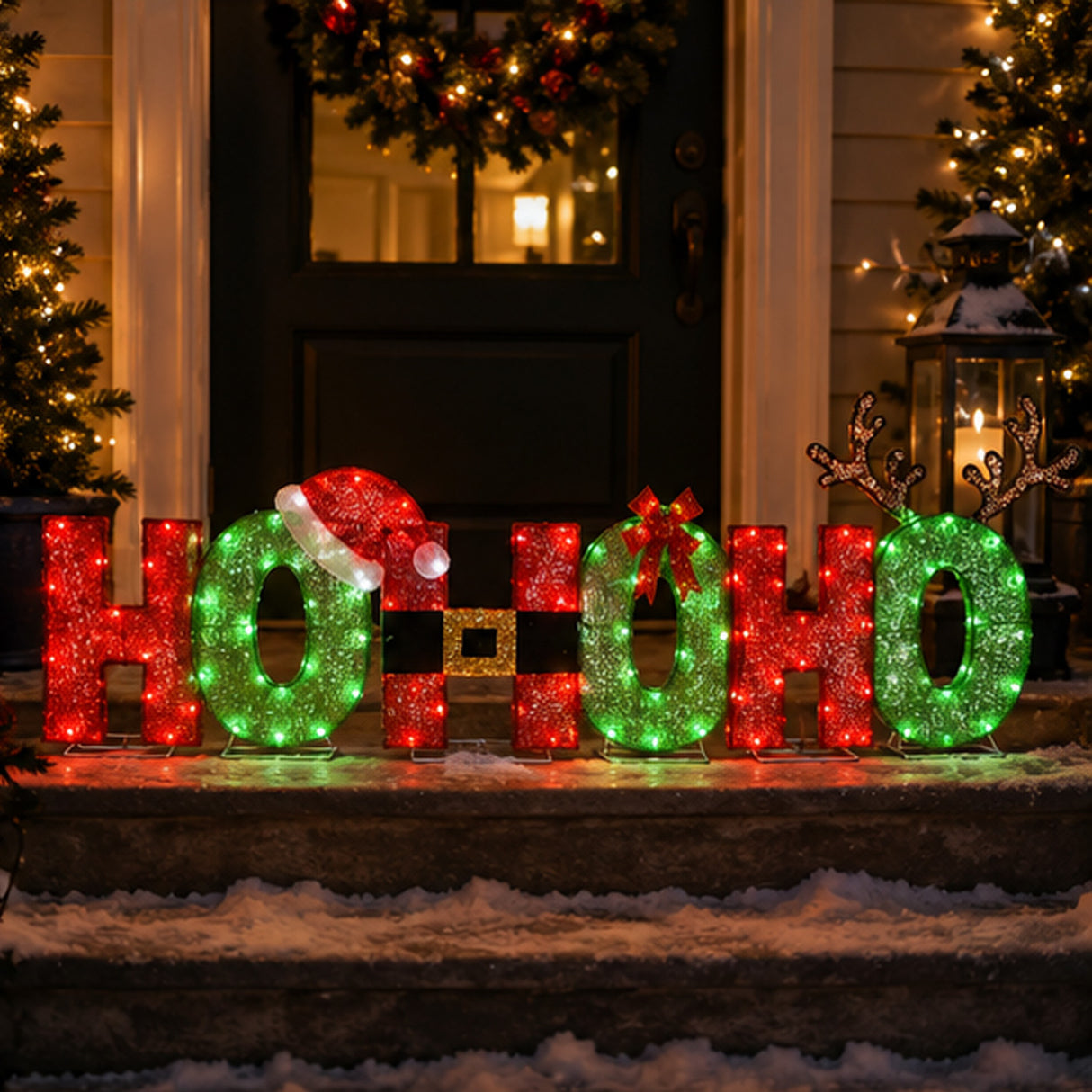 23IN Tinsel Fabric HO HO HO Christmas Sign with Red & Cool White LED Lights Plug-In