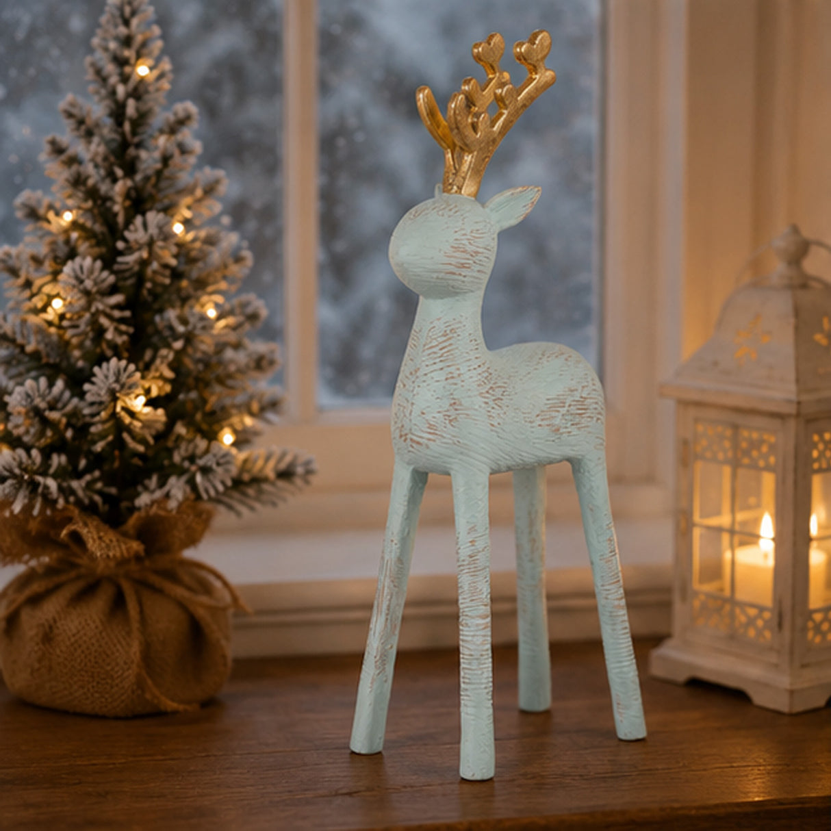 9IN Woodgrain Reindeer Figurine Blue with Gold Antlers Indoor Holiday Decor