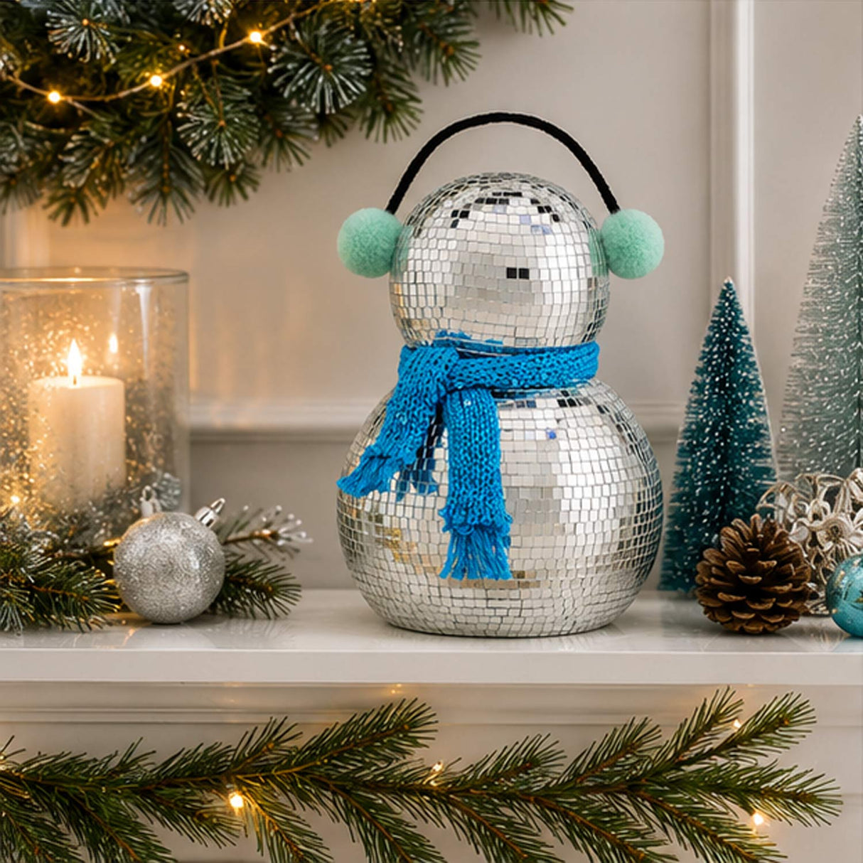 10IN Disco Snowman Figurine with Blue Scarf & Silver Ear Muffs Mirror Ball Holiday Decor