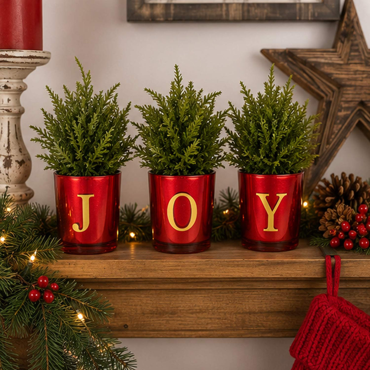 8IN Christmas JOY Tabletop Card Holder Votive Set of 3