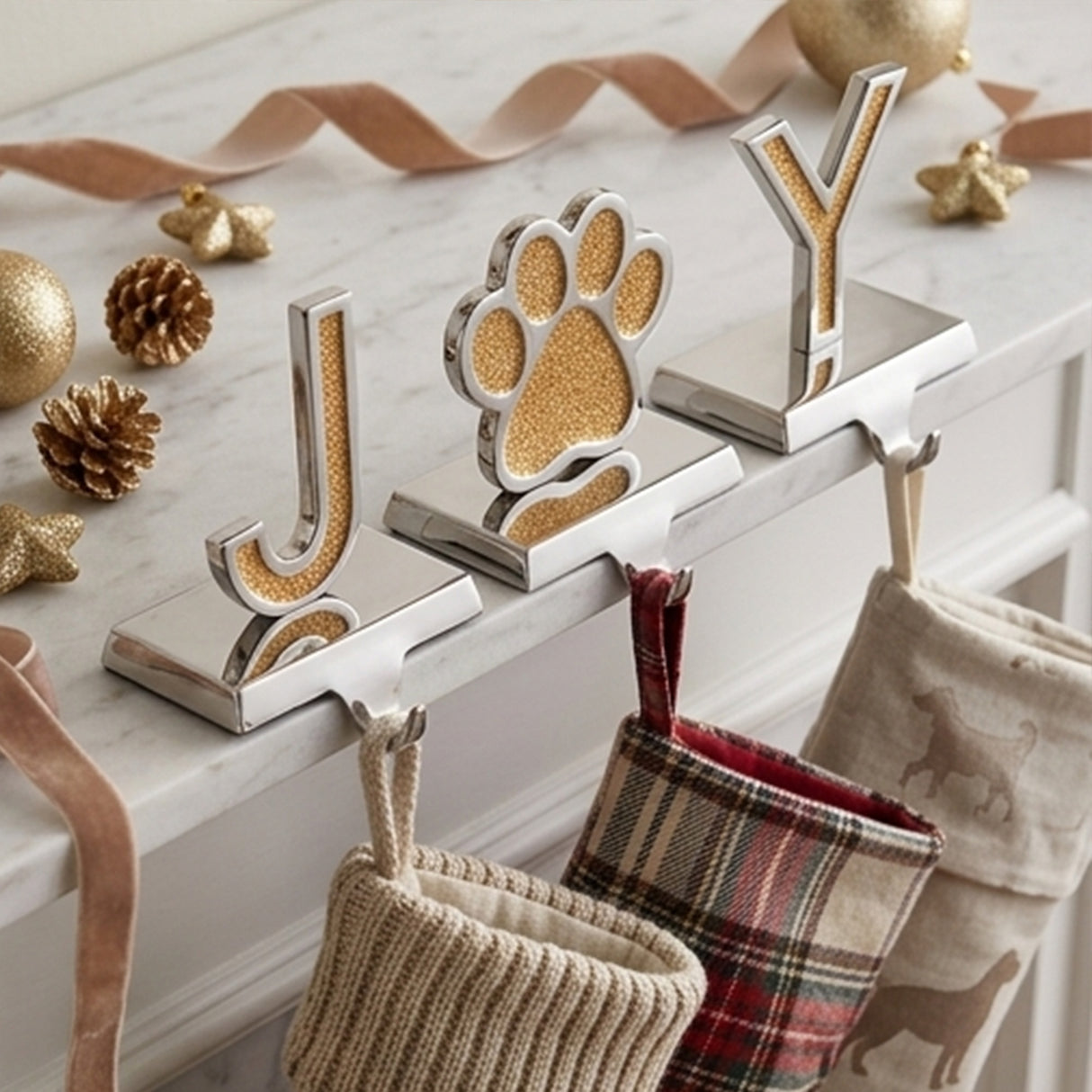 5IN 3-Piece Gold Sparkle JOY Paw Print Stocking Holders